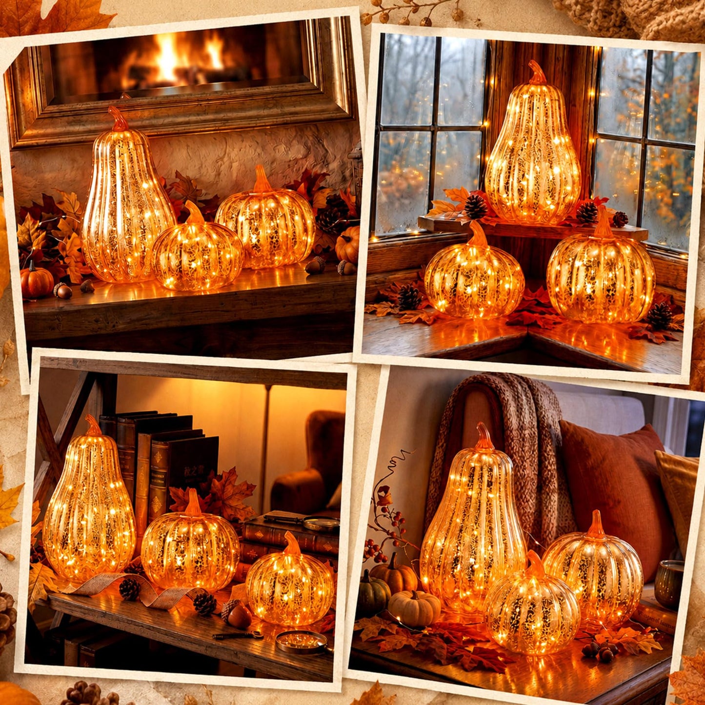 3 Pack Fall Glass Pumpkin with Light