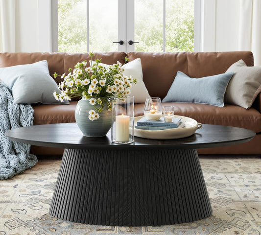 win2win Oval Coffee Table, Mid Century Modern Coffee Table with Fluted Design, Small Funky Tea Table with Wood Grain Veneer, Minimalist Center Table for Living Room, Apartment, Office, Walnut