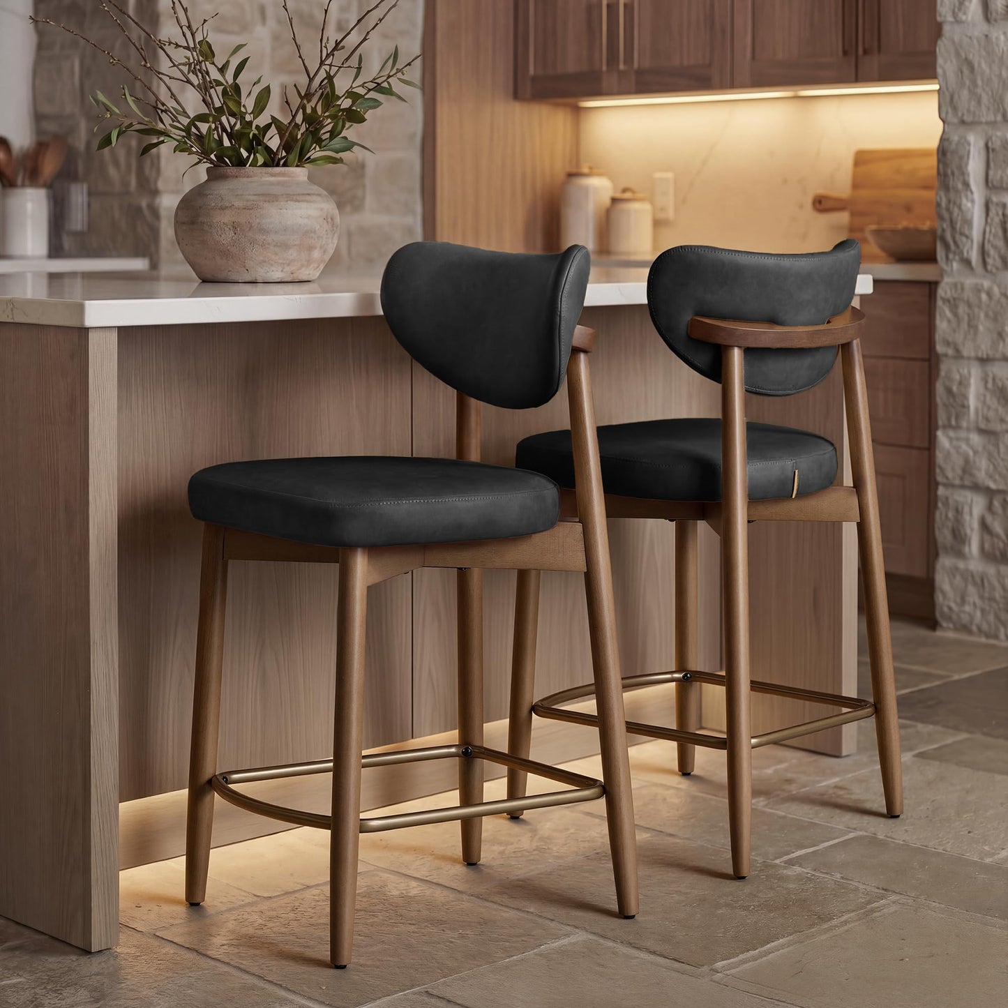 VASAGLE Wooden Bar Stools Set of 2, Upholstered Counter Height Barstools with Solid Wood Legs, Ergonomic Backrest, Mid Century Modern, for Kitchen Island, Linen-Look Fabric, Cappuccino Beige
