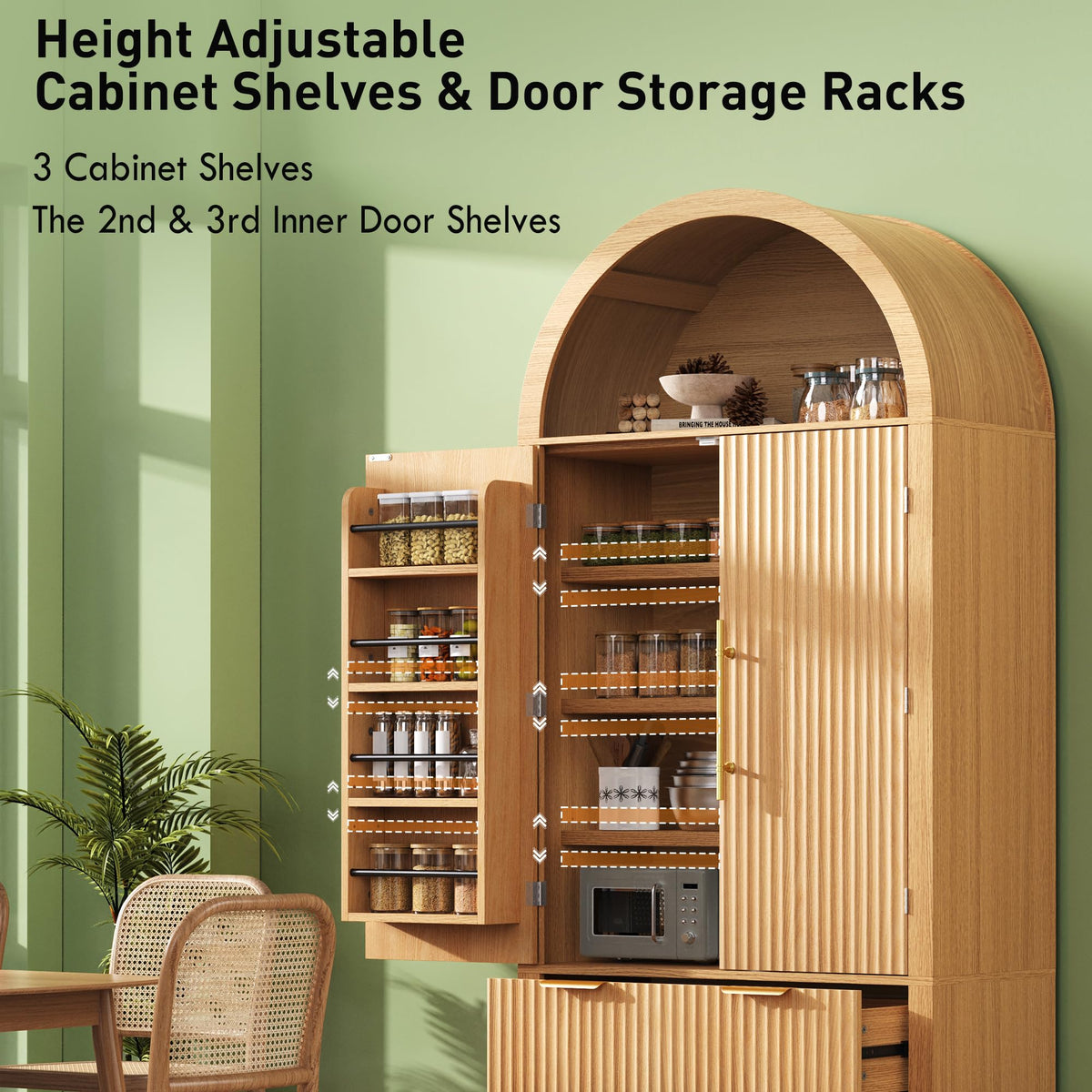 72" Tall Arched Kitchen Pantry Cabinet with 2 Drawers