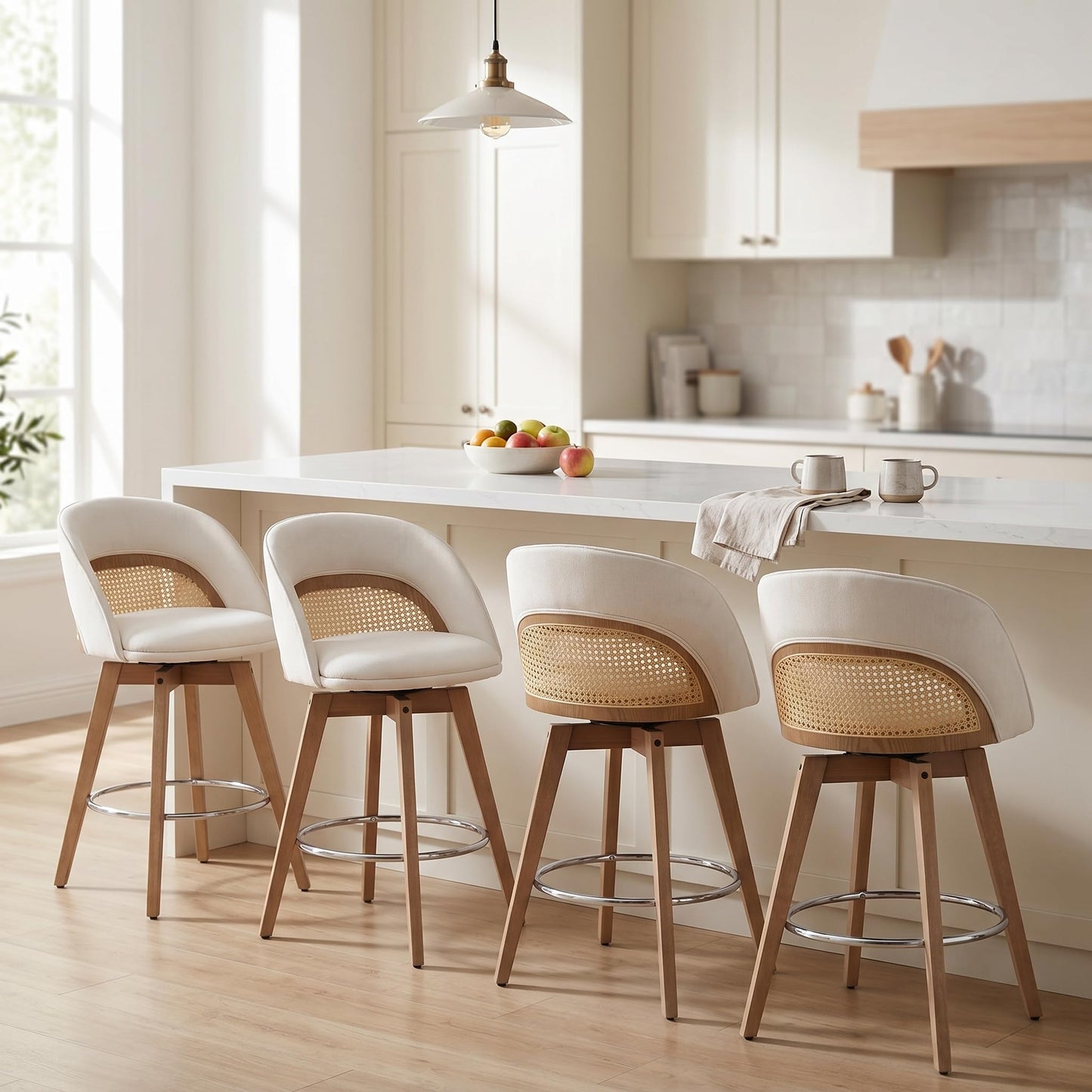 EALSON Bar Stools Set of 4, 26" Swivel Barstools with Rattan Backrest, Modern Faux Leather Upholstered Counter Height Bar Stools with Wood Legs & Bronze Footrest for Kitchen Island/Living Room, Brown