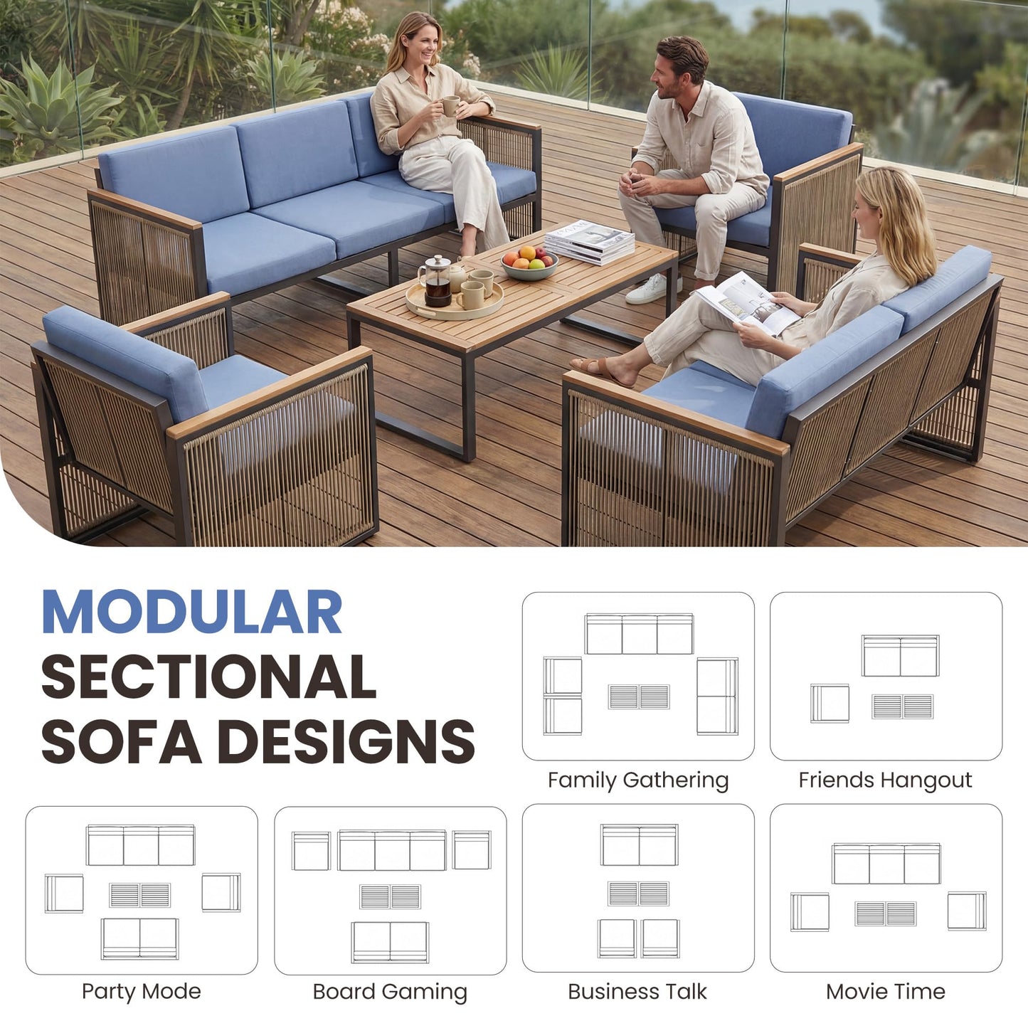 5 Piece Patio Conversation Set for 7, Modular Patio Sofa Couch with Cushions, Rattan Outdoor Patio Furniture Set with Loveseat/Coffee Table, Outdoor Sectional Furniture for Deck/Porch, Beige