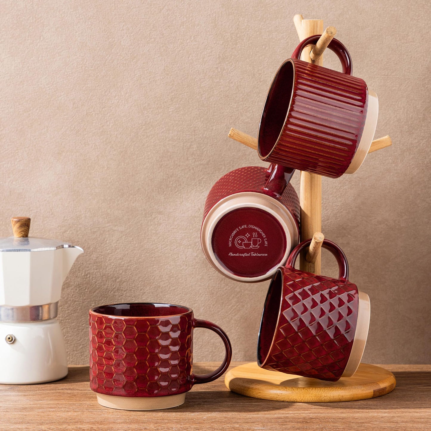 GBhome 12OZ Stackable Coffee Mugs, Ceramic Coffee Mugs with Texture Patterns for Man,Woman,Dad,Mom, Modern Coffee Mugs Set of 4 for Latte/Cappuccino/Cocoa. Dishwasher&Microwave Safe, Pale Khaki