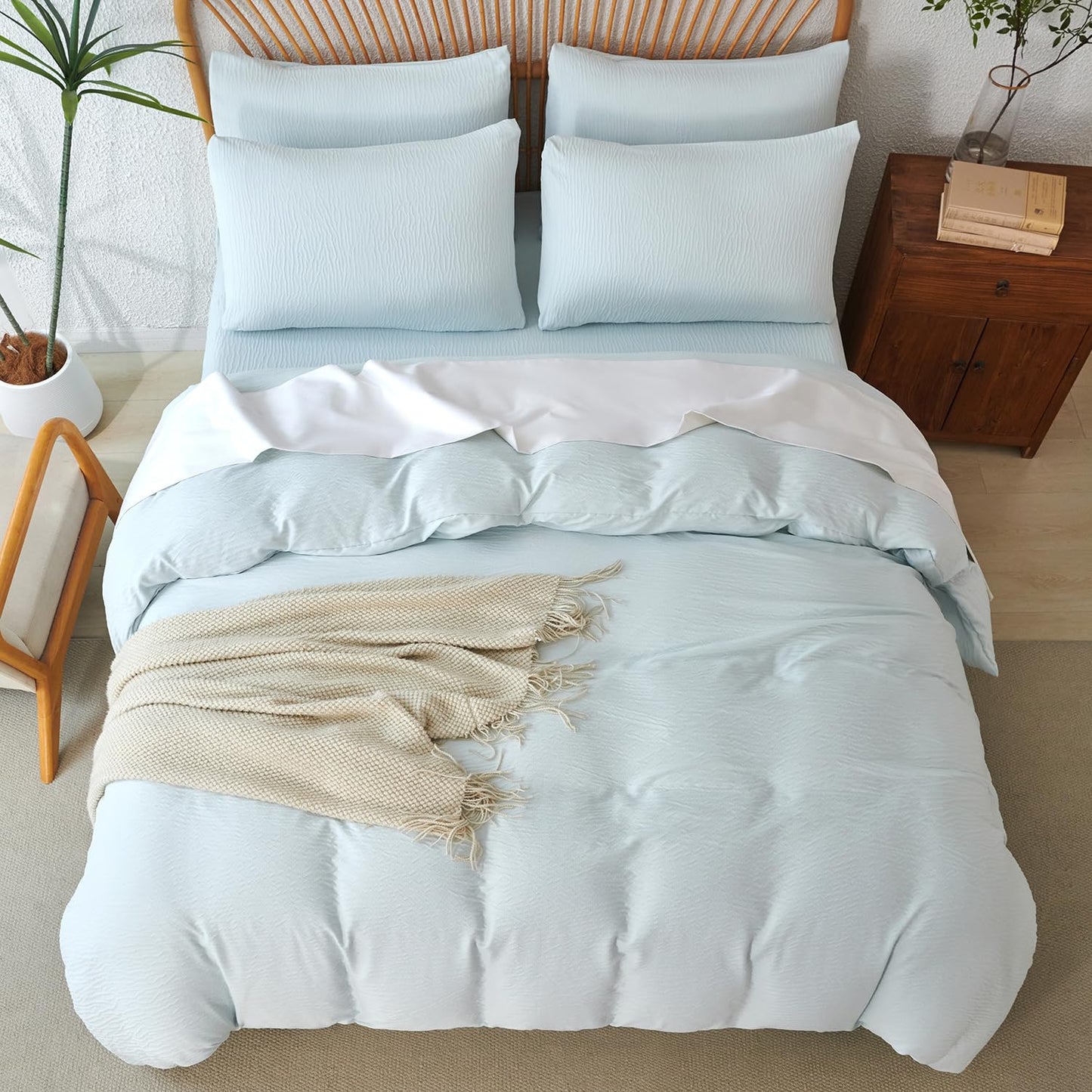Striped Duvet Cover Queen Beige Washed Microfiber Jacquard 3 Pieces Bedding Set, White Beige Vertical Ticking Stripes Pattern Comforter Cover with Zipper Closure Breathable Durable Soft Comfy