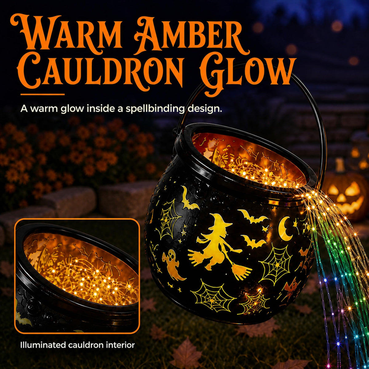 Colorful Waterfall-Style Halloween Witch Glowing Cauldron Light
