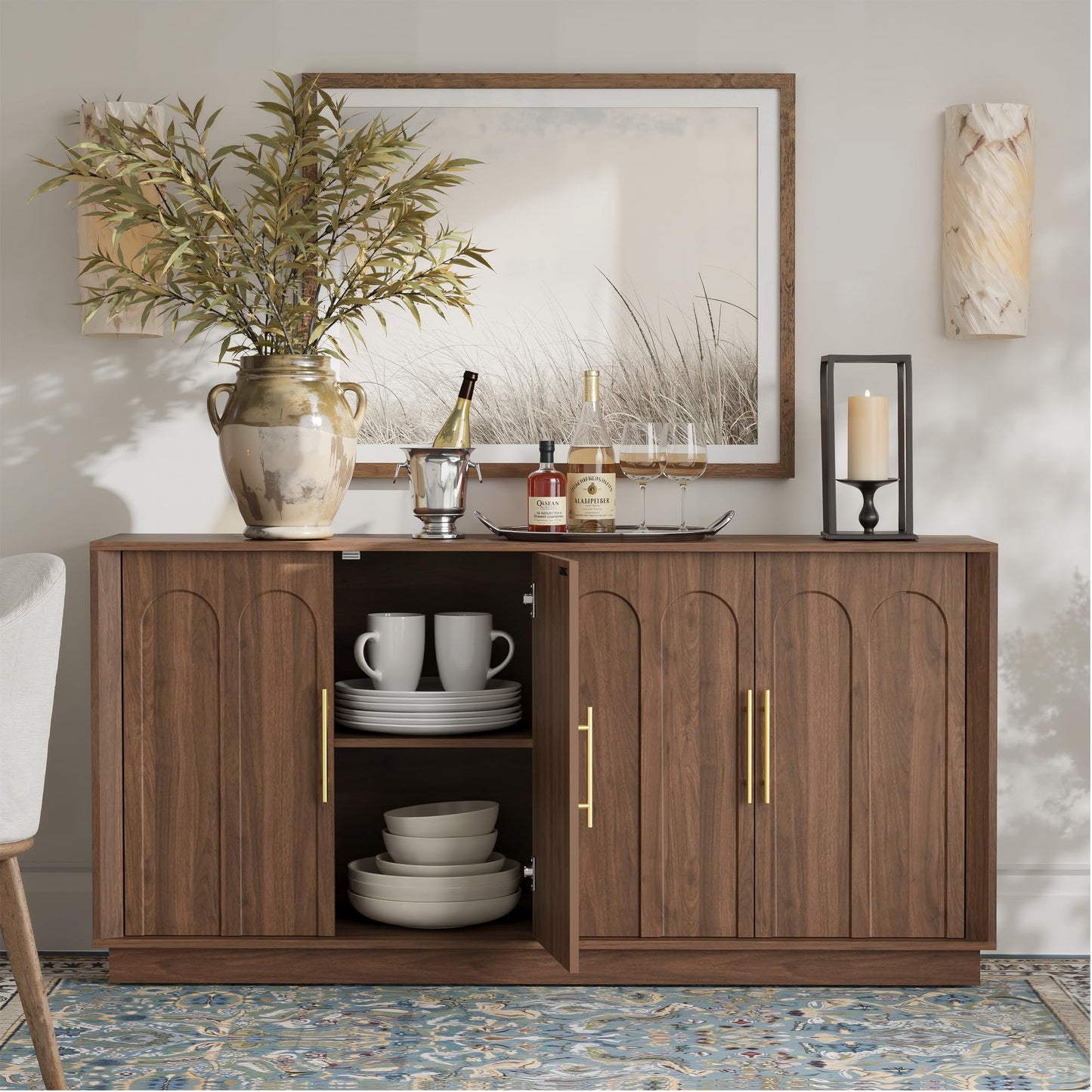 Sideboard Buffet Cabinet with Storage, Mid Century Modern Accent Cabinet with Arched Doors, Modular Media Console