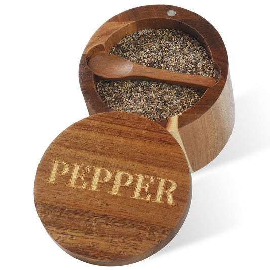 Acacia Wood Salt Container with Built-in Spoon & Swivel Lid