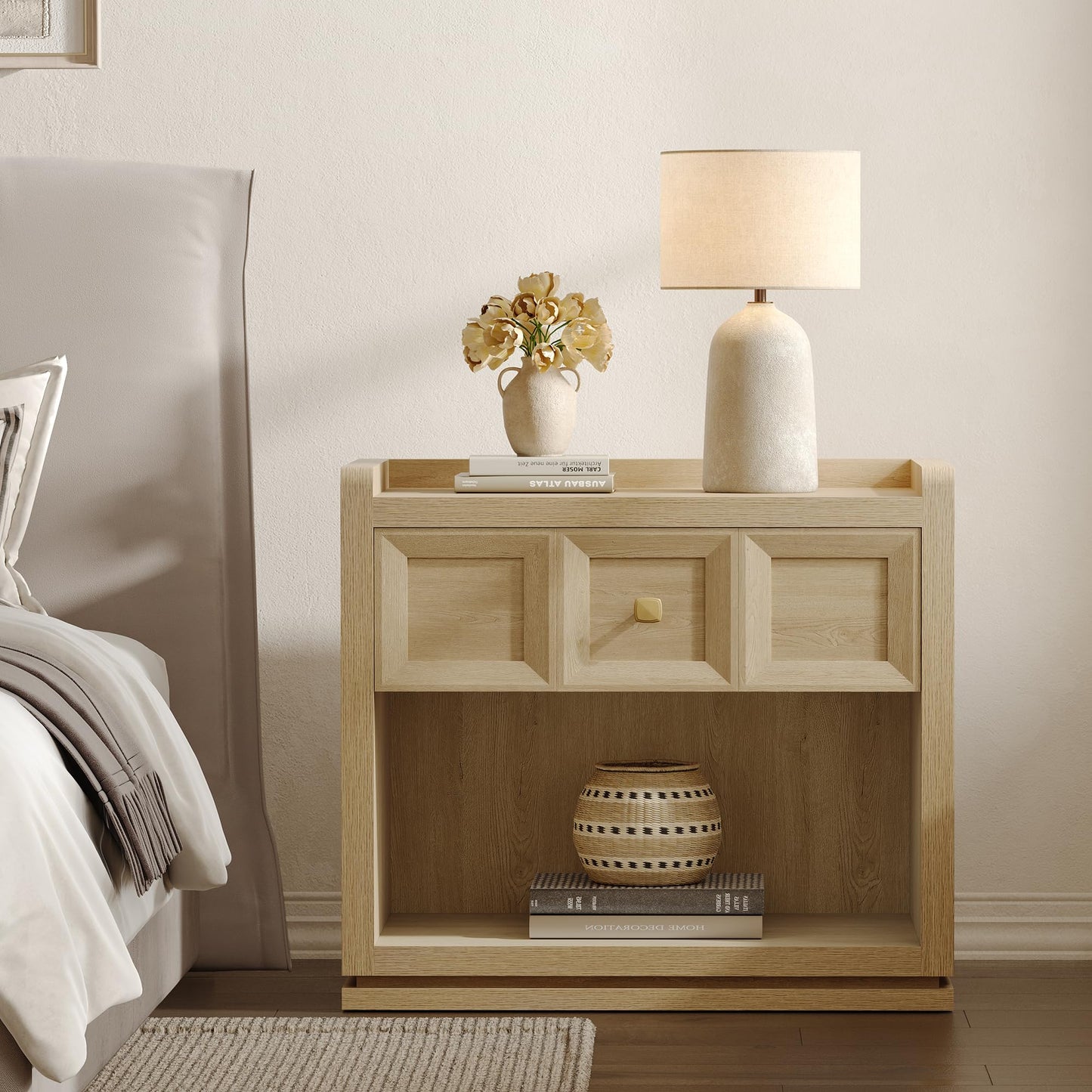 SICOTAS Night Stand Set 2, 26" Wide Nightstands with Drawer, Large Queen Size Nightstands Set of 2, Modern Bedside Table for Bedroom, Side End Table (Brown Oak, 26-Inch)