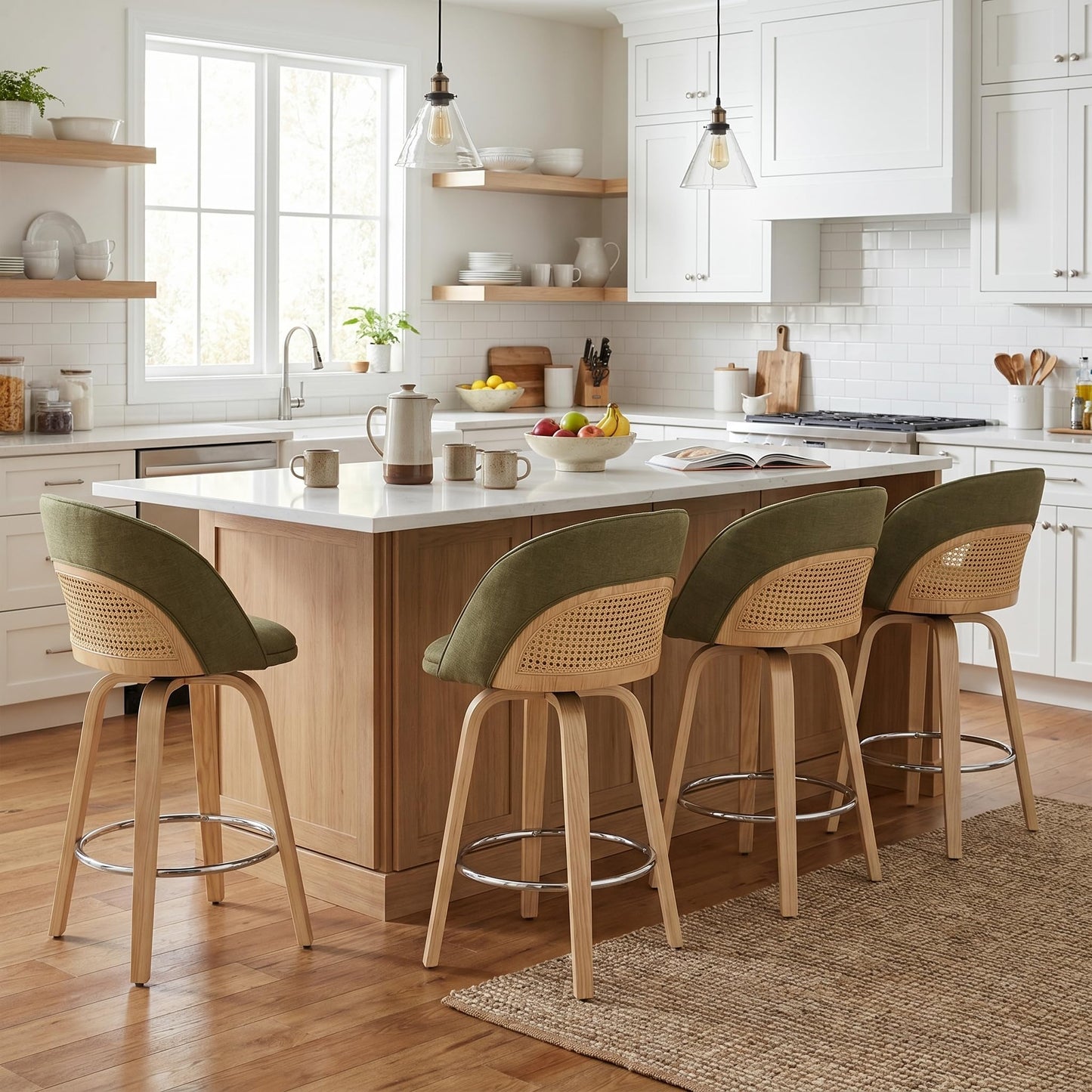 EALSON Bar Stools Set of 4, 26" Swivel Barstools with Rattan Backrest, Modern Faux Leather Upholstered Counter Height Bar Stools with Wood Legs & Bronze Footrest for Kitchen Island/Living Room, Brown