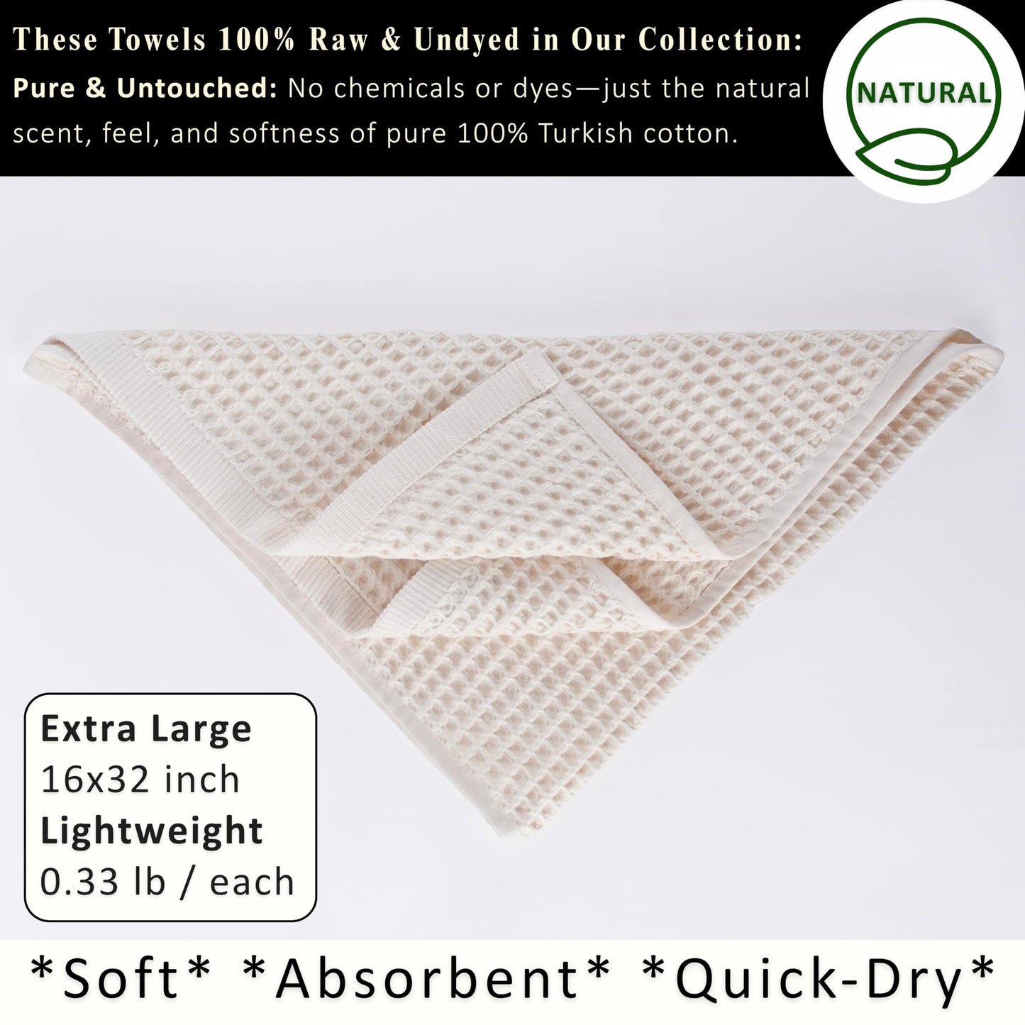 PÜSKÜL Organic Waffle Kitchen Towel Pure 100% Turkish Cotton Set of 3 Natural Raw-Undyed Towel - Premium Quality Soft Quick-Dry Absorbent Lint-Free Hand & Dish Towels Large 32X16 (3, Natural Beige)