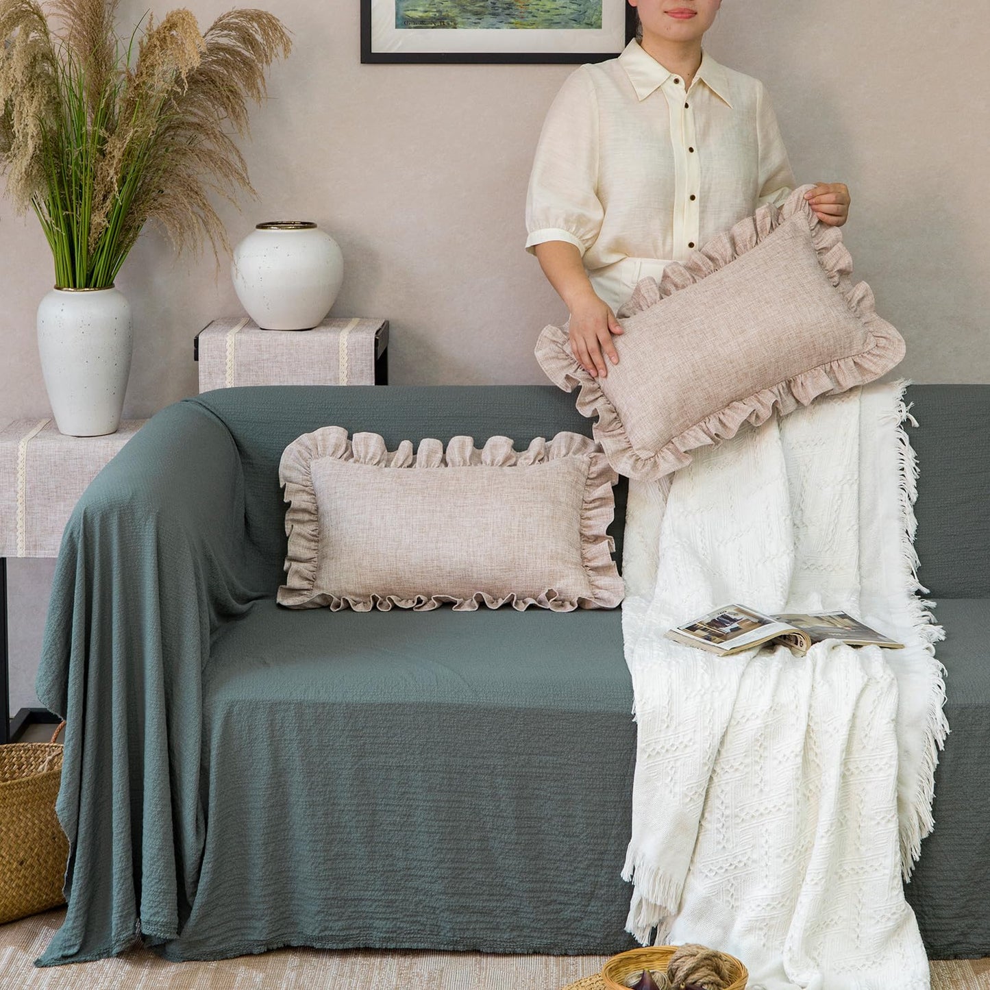 Rustic Classic Linen Style Throw Pillow Covers Set of 2