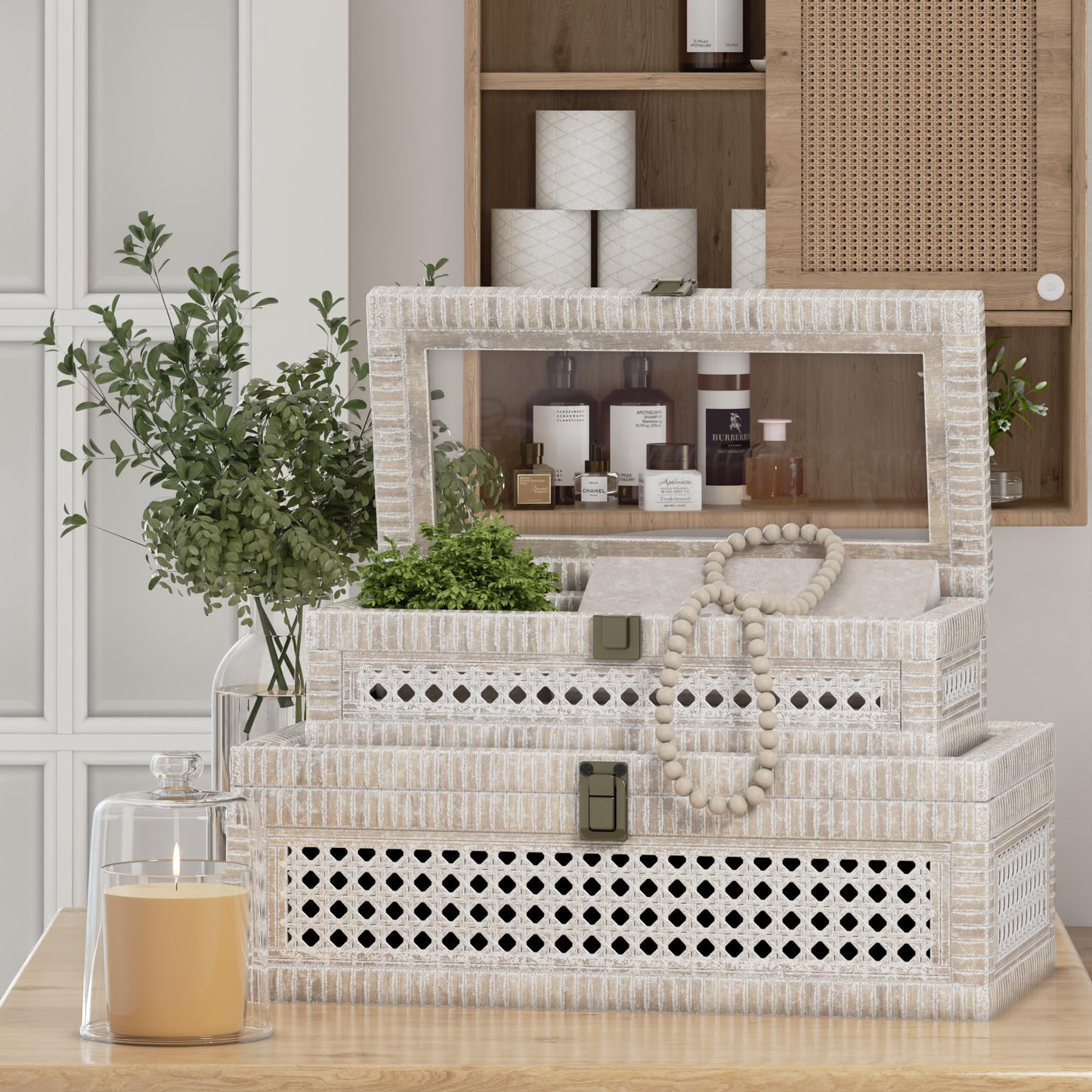 Rattan Decorative Box,Boho Display Boxes with Lids,Set of 2 Rectangular Wicker Storage Decoration,Natural Woven Cane Bins for Home Decor for Rustic Farmhouse(Yellow and Black)