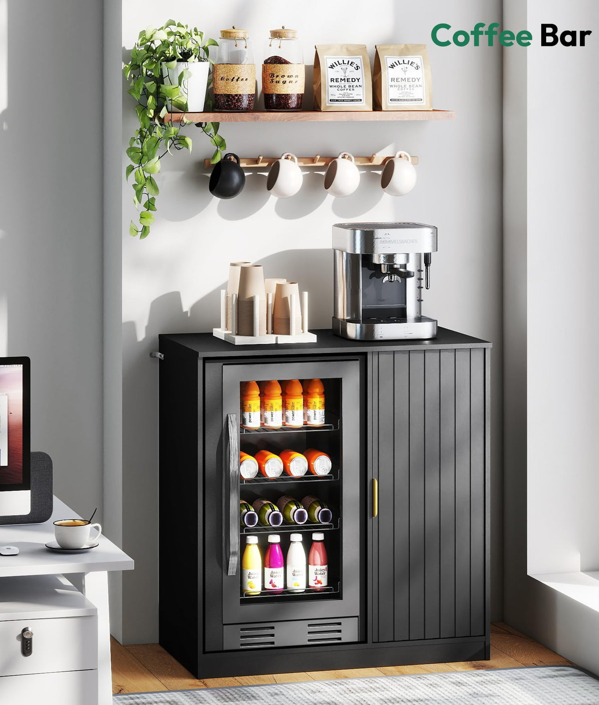 Mini Fridge Cabinet with Hutch and Wine Glass Rack