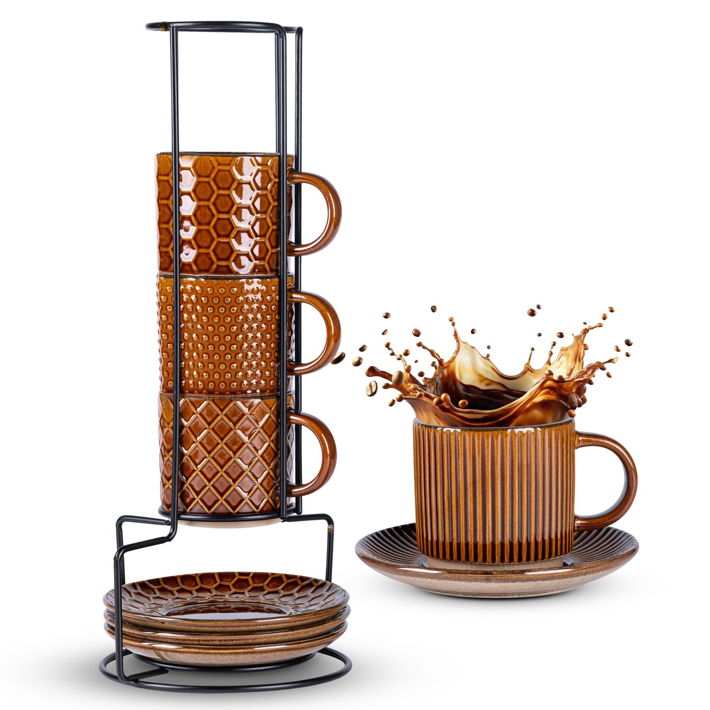 GBhome 12OZ Stackable Coffee Mugs, Ceramic Coffee Mugs with Texture Patterns for Man,Woman,Dad,Mom, Modern Coffee Mugs Set of 4 for Latte/Cappuccino/Cocoa. Dishwasher&Microwave Safe, Pale Khaki