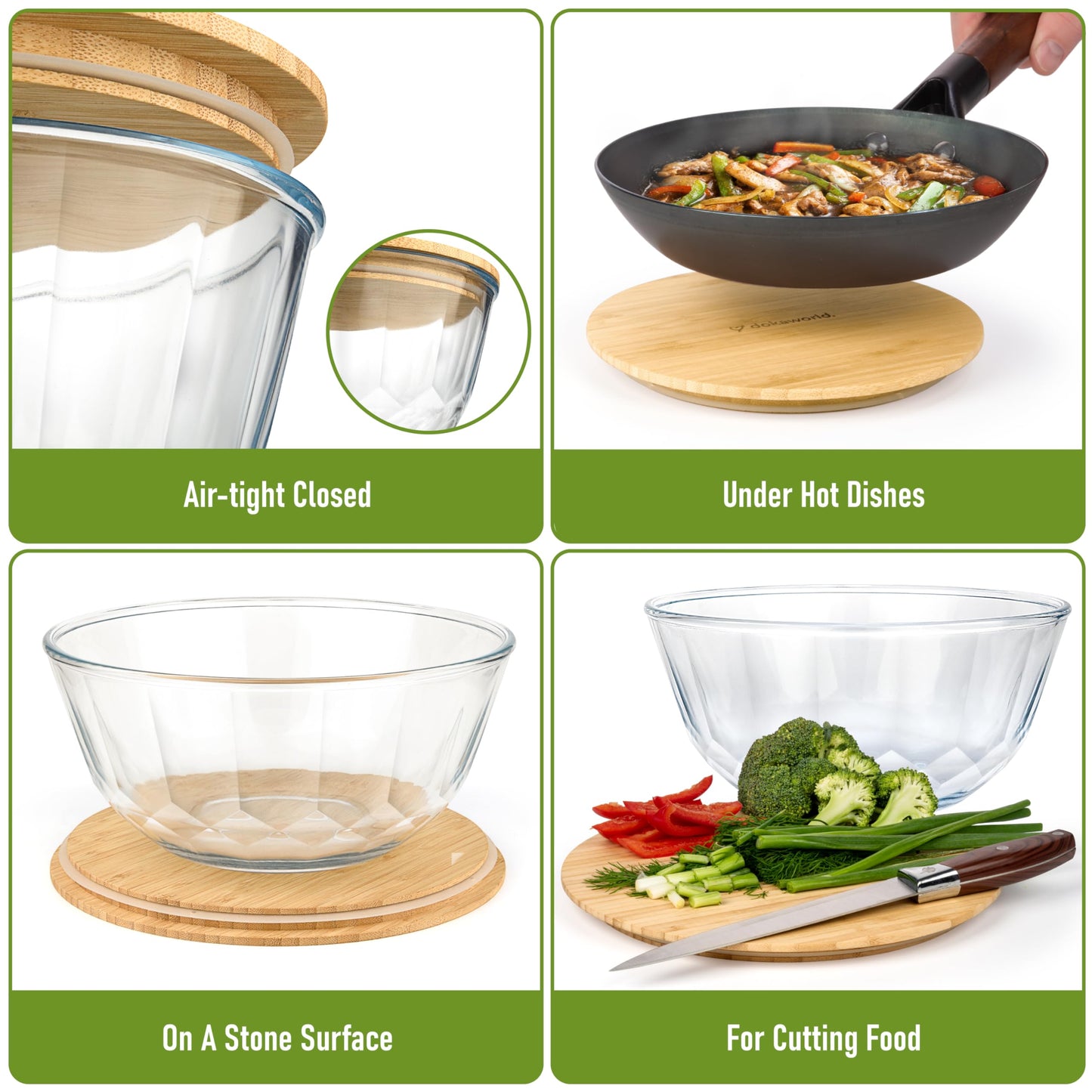 Glass Container Set with Acacia Lids - 4 Stackable Meal Prep Containers. Durable heat resistant Inert Borosilicate Glass