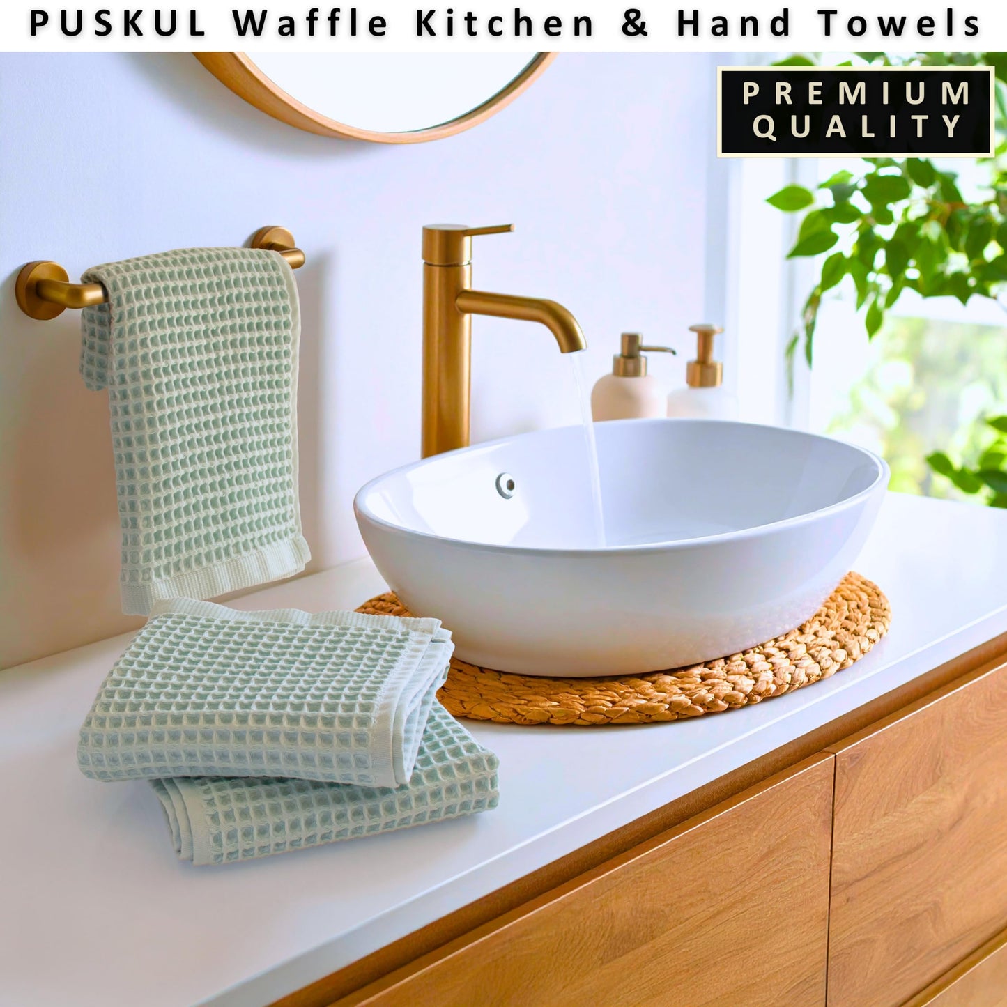 PÜSKÜL Organic Waffle Kitchen Towel Pure 100% Turkish Cotton Set of 3 Natural Raw-Undyed Towel - Premium Quality Soft Quick-Dry Absorbent Lint-Free Hand & Dish Towels Large 32X16 (3, Natural Beige)