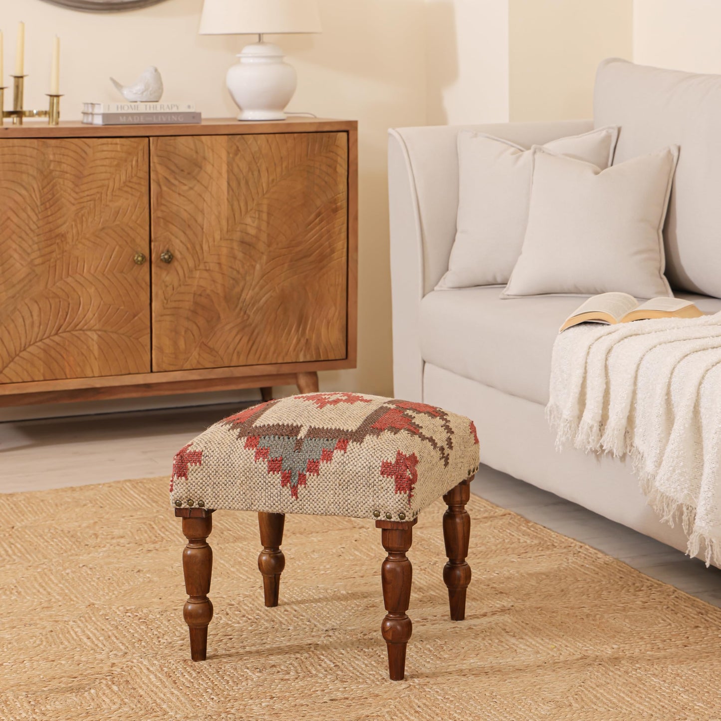 Handmade Jute Ottoman Stool with Wooden Legs