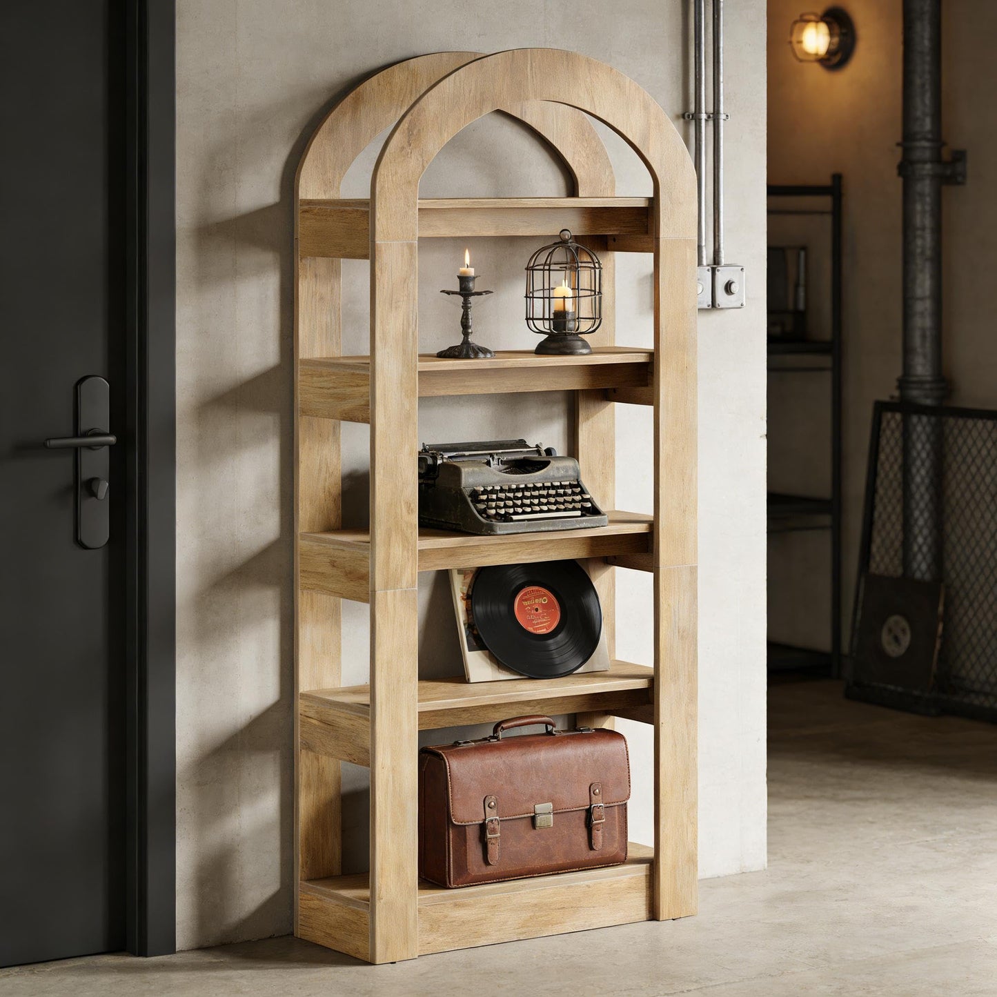 Arched 8 Tier Tall Bookshelf with Wood Back Panel