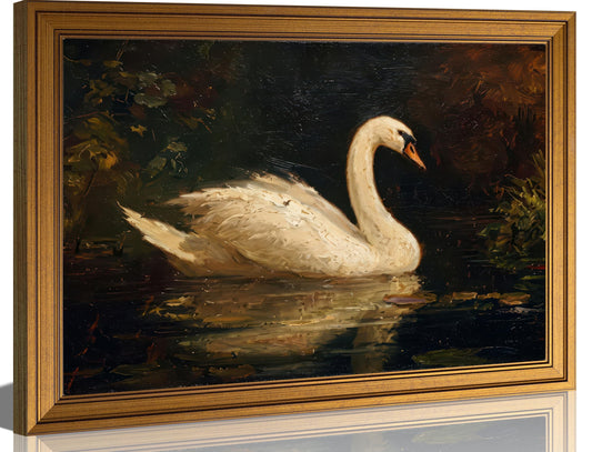 Gold Framed Vintage Swan Wall Art Moody Swan Oil Painting Picture Wall Decor Rustic Farmhouse Animal Poster Print Artwork for Gallery Living Room Bedroom Home Decoration