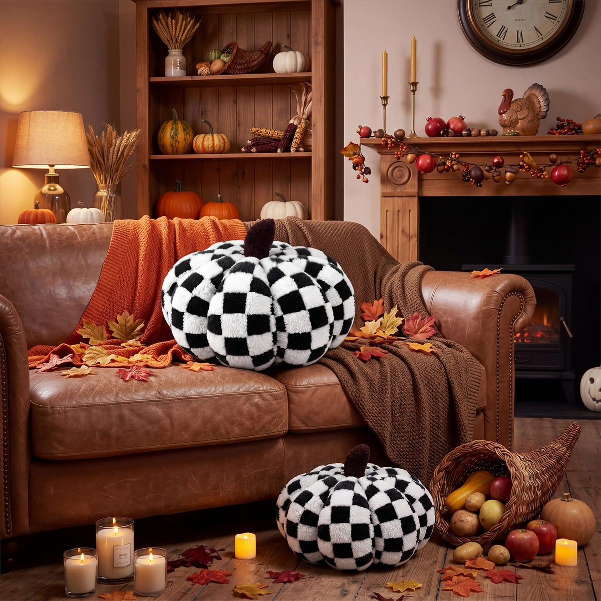2 Pcs Pumpkin Pillows Brown White Checkerboard