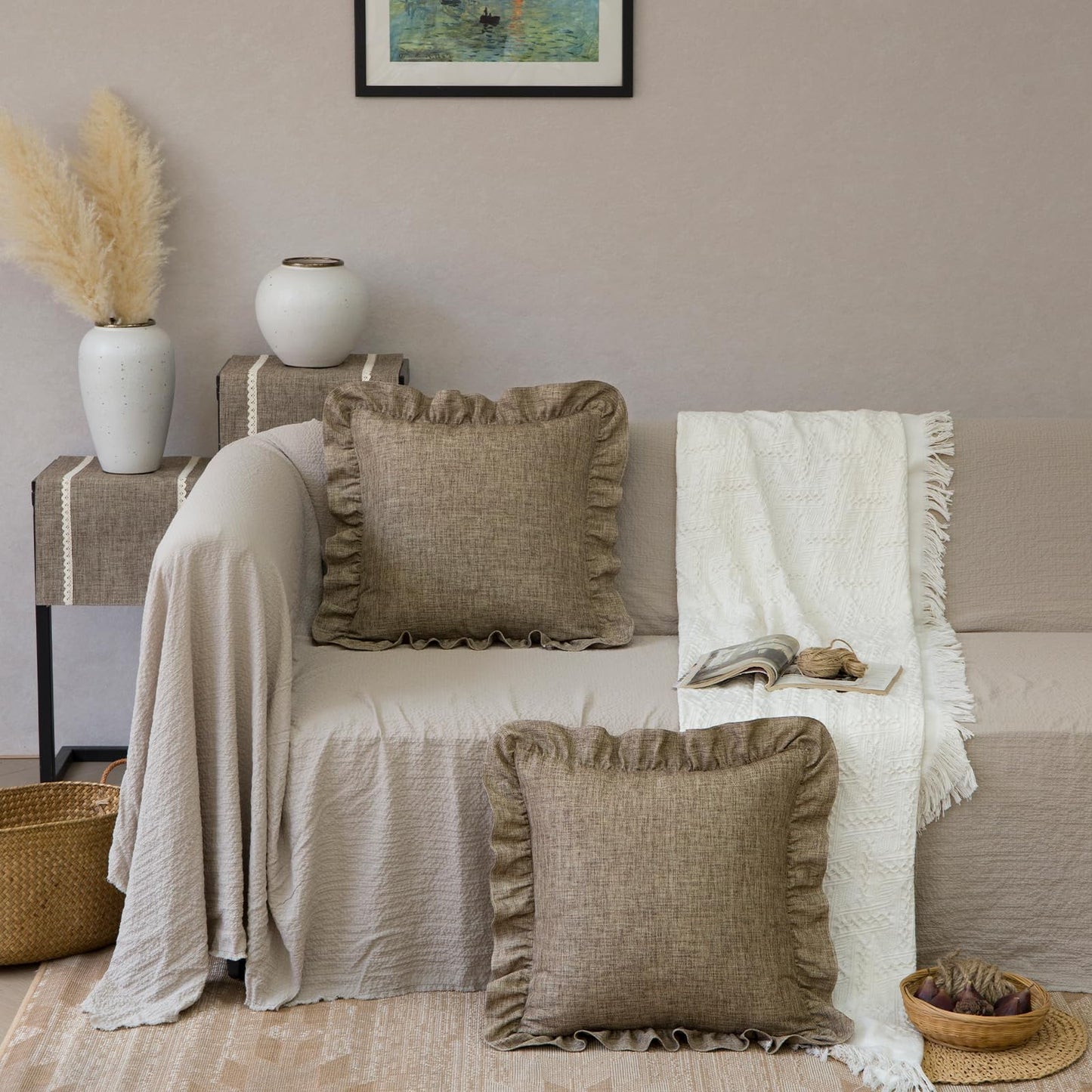 Rustic Classic Linen Style Throw Pillow Covers Set of 2