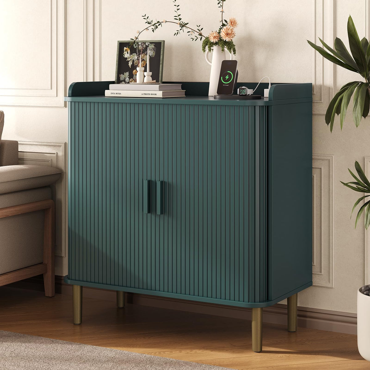 33" H Fluted Bar Cabinet with Storage, Wine Cabinet