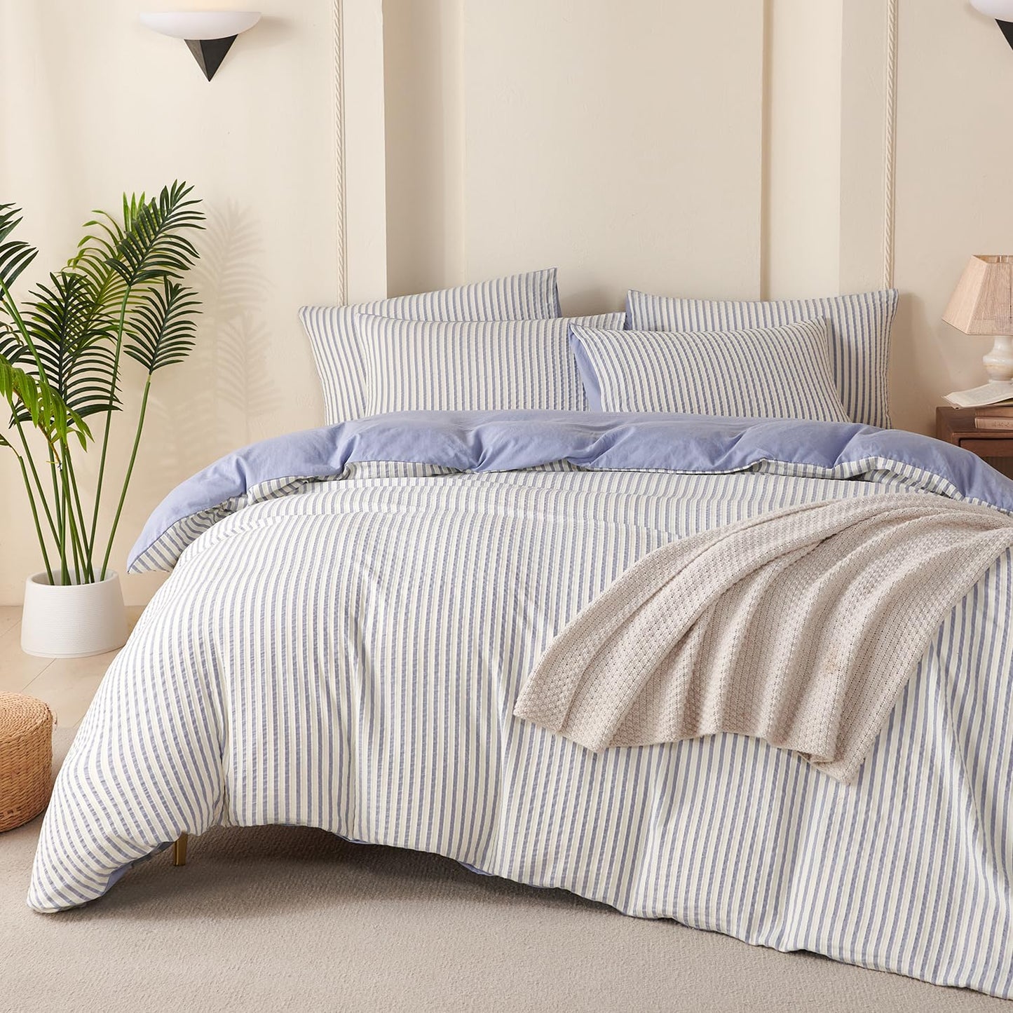 Striped Duvet Cover Queen Beige Washed Microfiber Jacquard 3 Pieces Bedding Set, White Beige Vertical Ticking Stripes Pattern Comforter Cover with Zipper Closure Breathable Durable Soft Comfy
