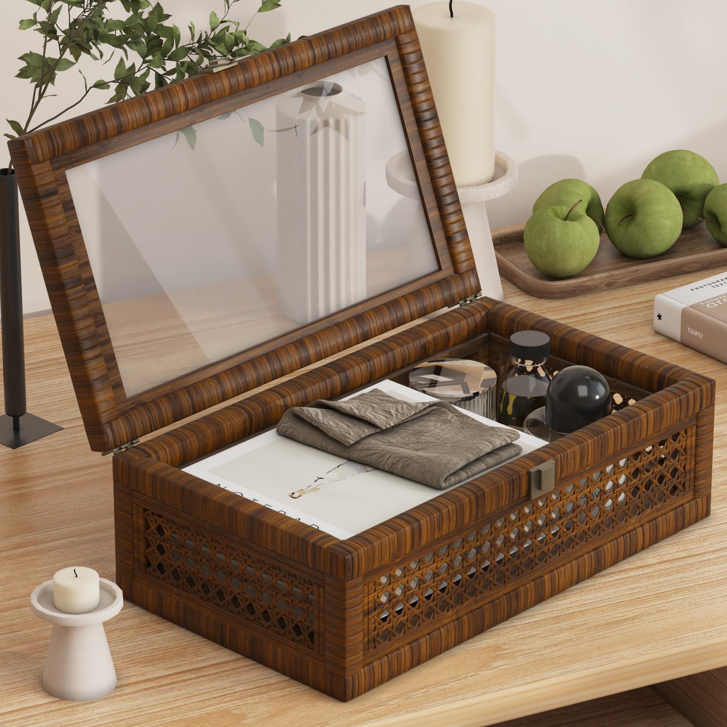 Rattan Decorative Box,Boho Display Boxes with Lids,Set of 2 Rectangular Wicker Storage Decoration,Natural Woven Cane Bins for Home Decor for Rustic Farmhouse(Yellow and Black)