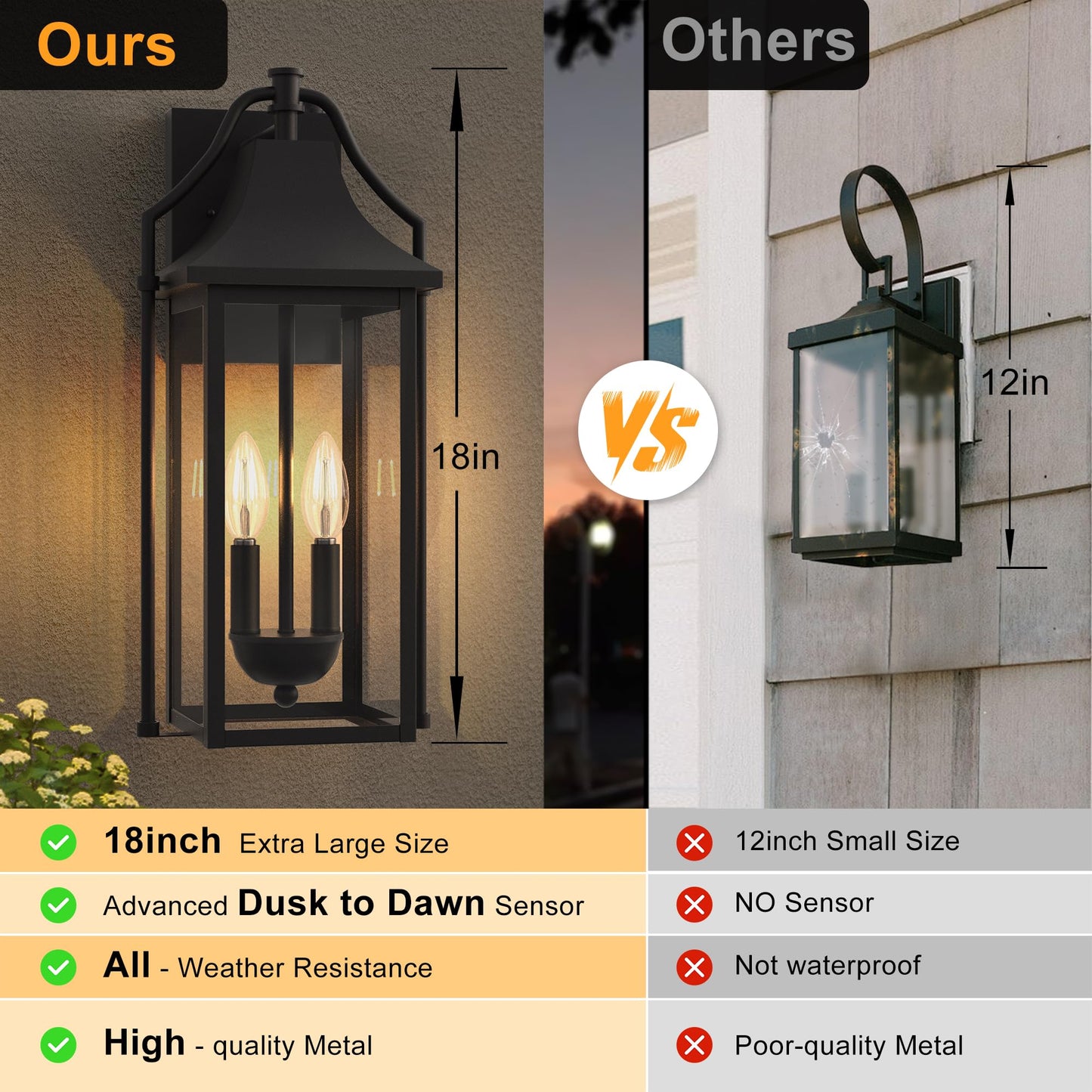 Outdoor Wall Lights Fixtures, Large Size Dusk to Dawn Waterproof Exterior Lanterns, Modern Porch Sconce Wall Mounted with Glass
