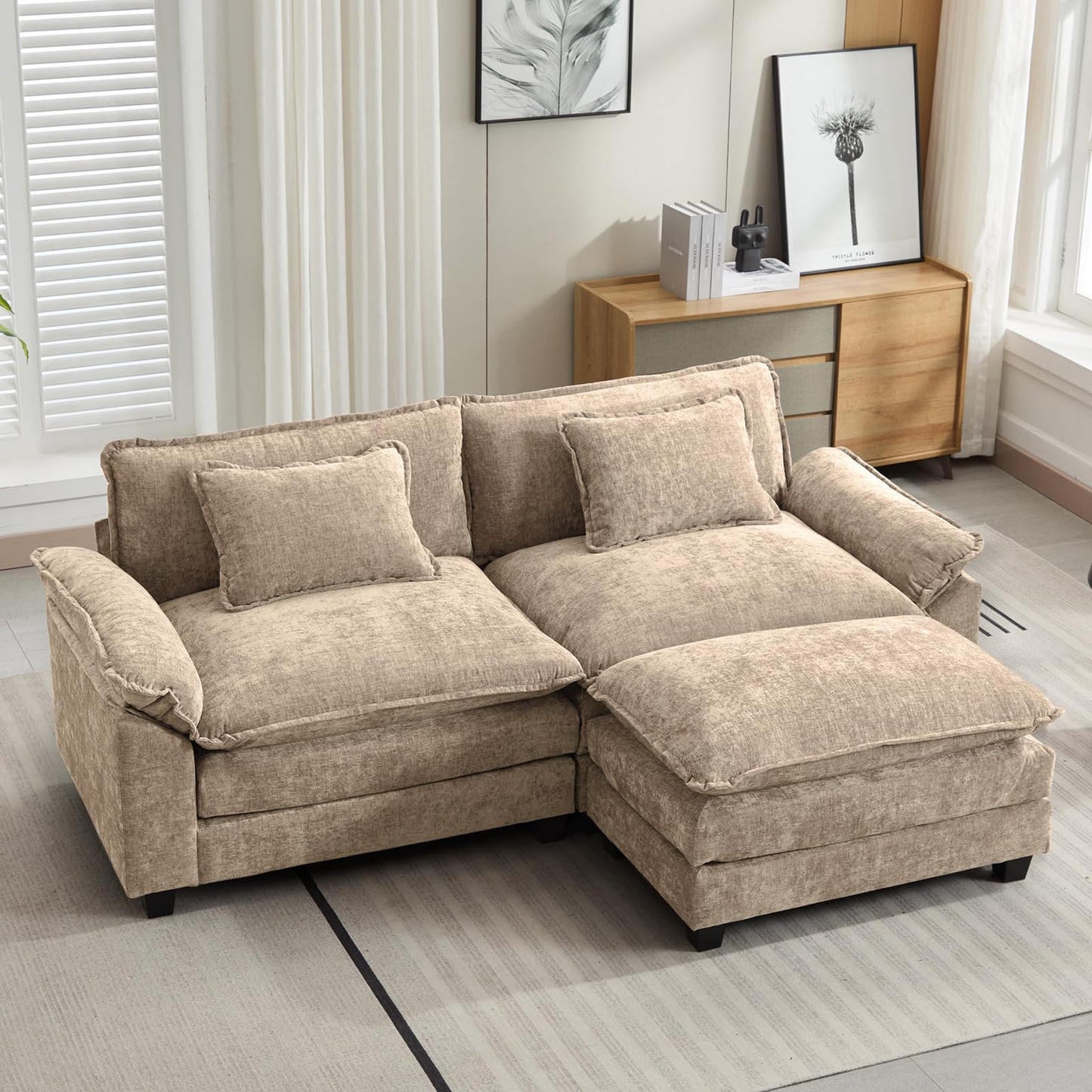 120" Modular Sectional Sofa, Comfy Cloud Couch Sectional Sofa with Ottoman, Chenille Sofa Sleeper Deep Seat Sofa with Throw Pillows for Living Room (Beige White, 120"- U Shape)