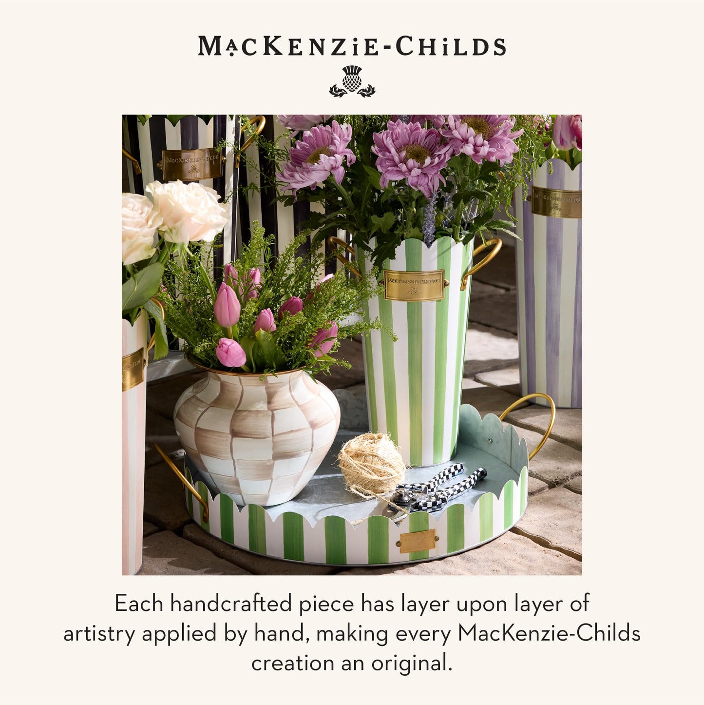 MACKENZIE-CHILDS Set of 3 Galvanized Flower Buckets, Decorative Metal Buckets, Black-and-White Courtly Stripe
