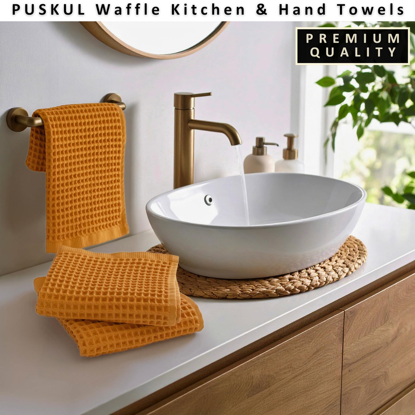 PÜSKÜL Organic Waffle Kitchen Towel Pure 100% Turkish Cotton Set of 3 Natural Raw-Undyed Towel - Premium Quality Soft Quick-Dry Absorbent Lint-Free Hand & Dish Towels Large 32X16 (3, Natural Beige)