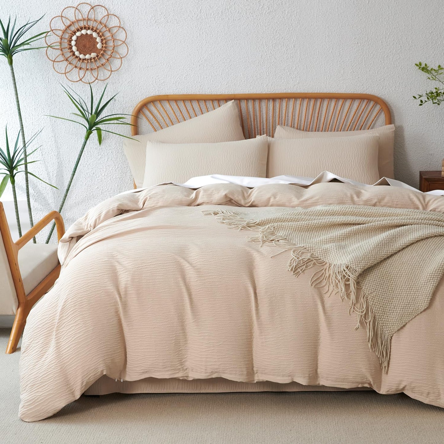 Striped Duvet Cover Queen Beige Washed Microfiber Jacquard 3 Pieces Bedding Set, White Beige Vertical Ticking Stripes Pattern Comforter Cover with Zipper Closure Breathable Durable Soft Comfy