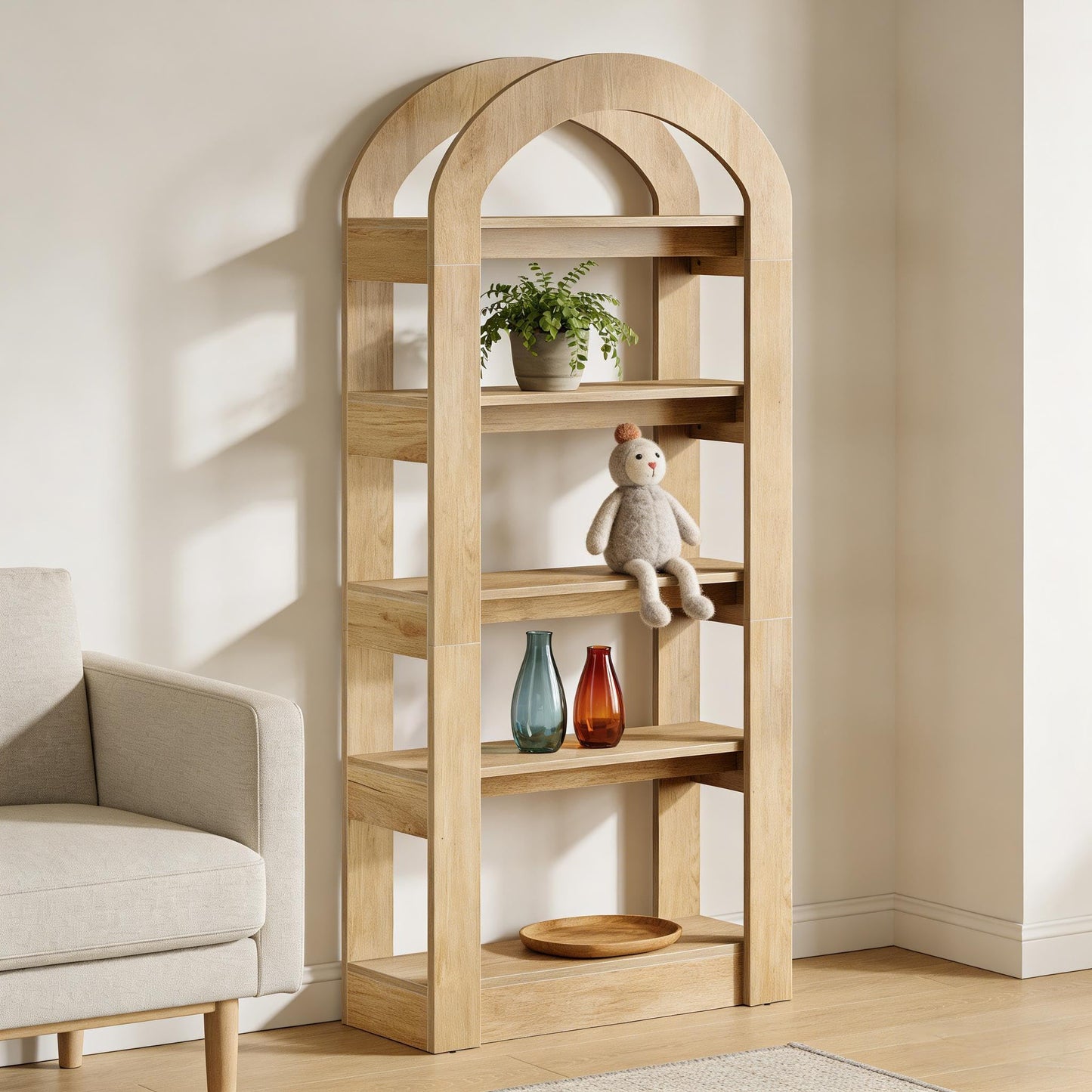 Arched 8 Tier Tall Bookshelf with Wood Back Panel