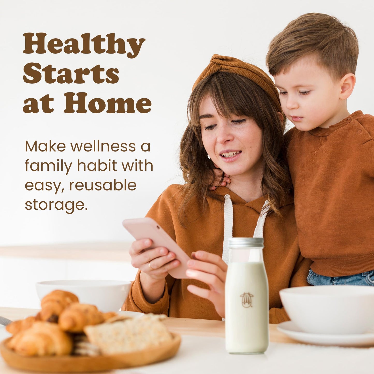 Almond Cow - Glass Pitcher with Lid and Spout, Glass Bottle Milk Container for Refrigerator, Clear Milk Jar Bottles, Food-Grade Liquid Container - 60 fl oz Capacity, 5 x 4 x 10 Inches