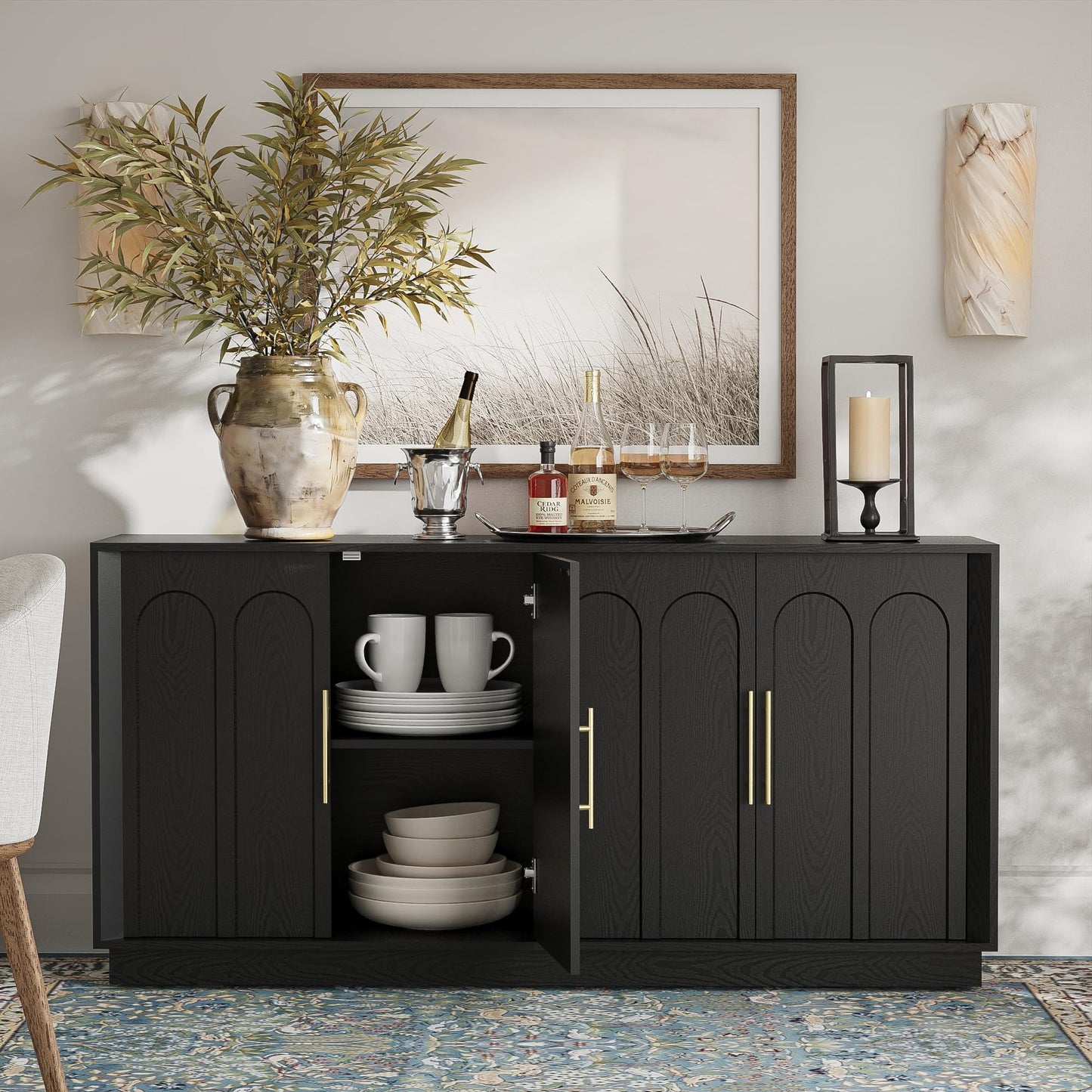 Sideboard Buffet Cabinet with Storage, Mid Century Modern Accent Cabinet with Arched Doors, Modular Media Console