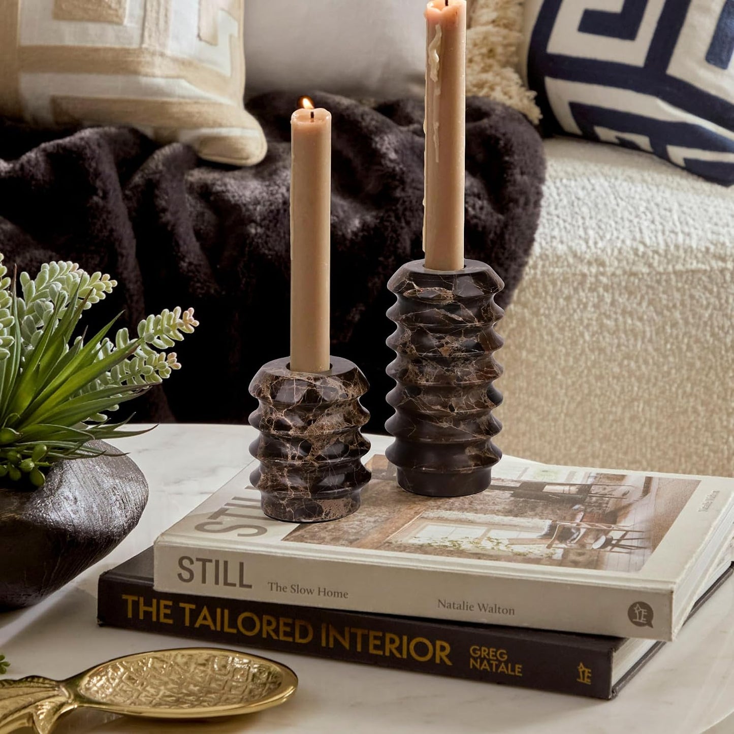 Marble Candlestick Holders, Set of 2 Natural Stone
