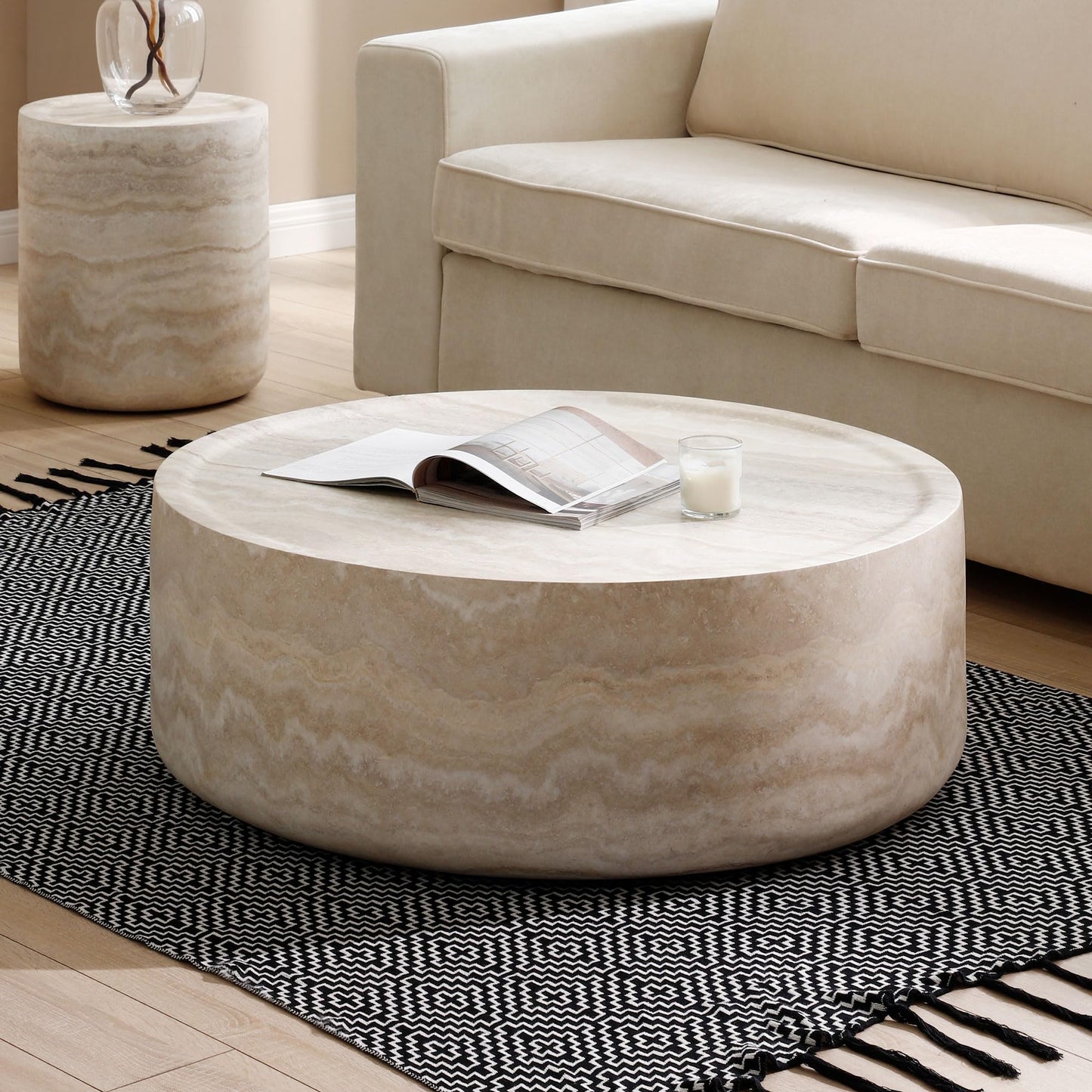 WILLIAMSPACE 43.31" Rectangle Coffee Table with Burl Wood Veneer & Sturdy Base, Modern Luxury Wood Drum Center Table End Table Accent Side Table for Living Room, Minimalist Fluted Design, Oak
