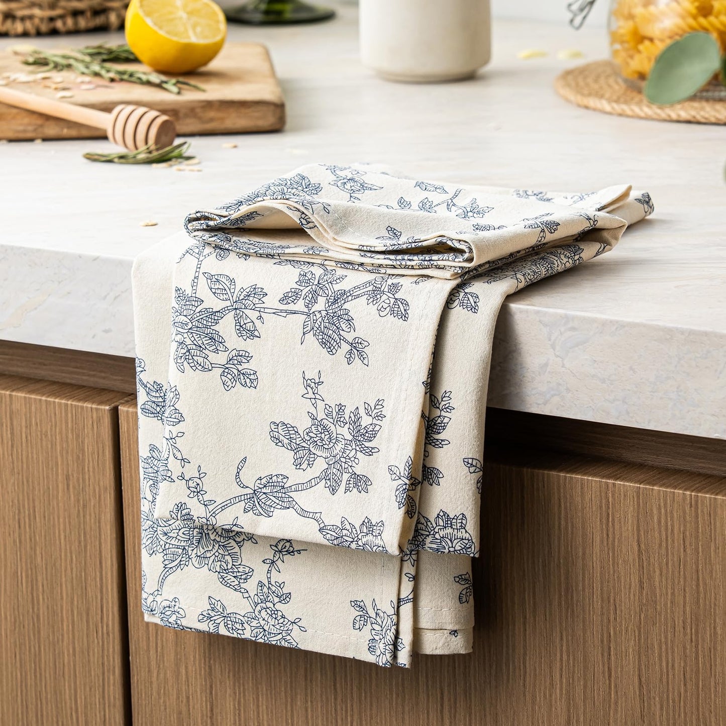 100% Cotton French Pastoral Kitchen Towels Set of 2, Decorative Flour Sack Tea Towels with Hanging Loop 18x25 Inch Absorbent Dish Cloths Farmhouse Home Decor, Brown