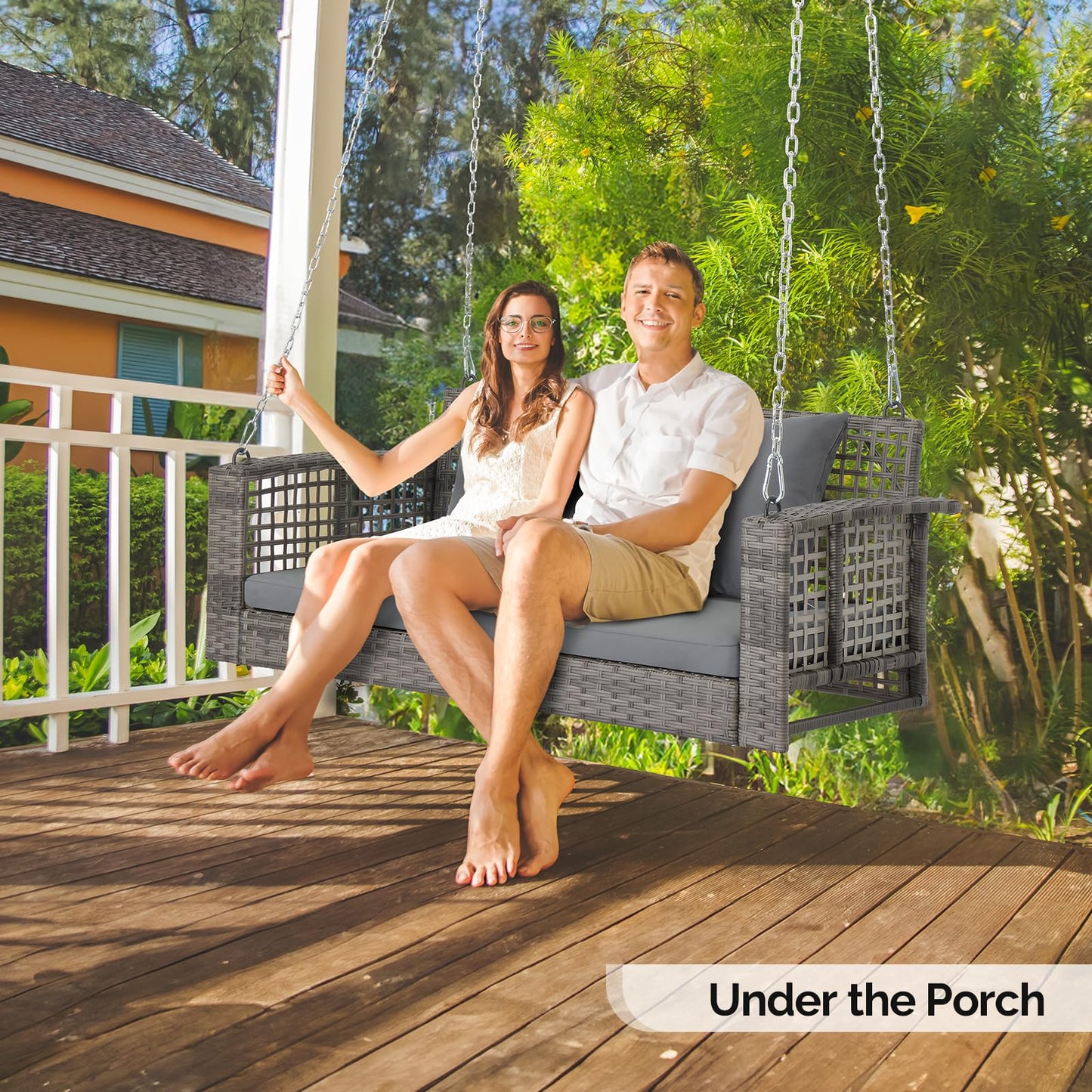 VINGLI 2.4 FT 1-Person Use Round Rattan Porch Swing Outdoor Support 440 LBS with Cushions & Adjustable Chains, Patio Wicker Swing Bench Chair for Garden, Yard, Lawn, Tree, Brown