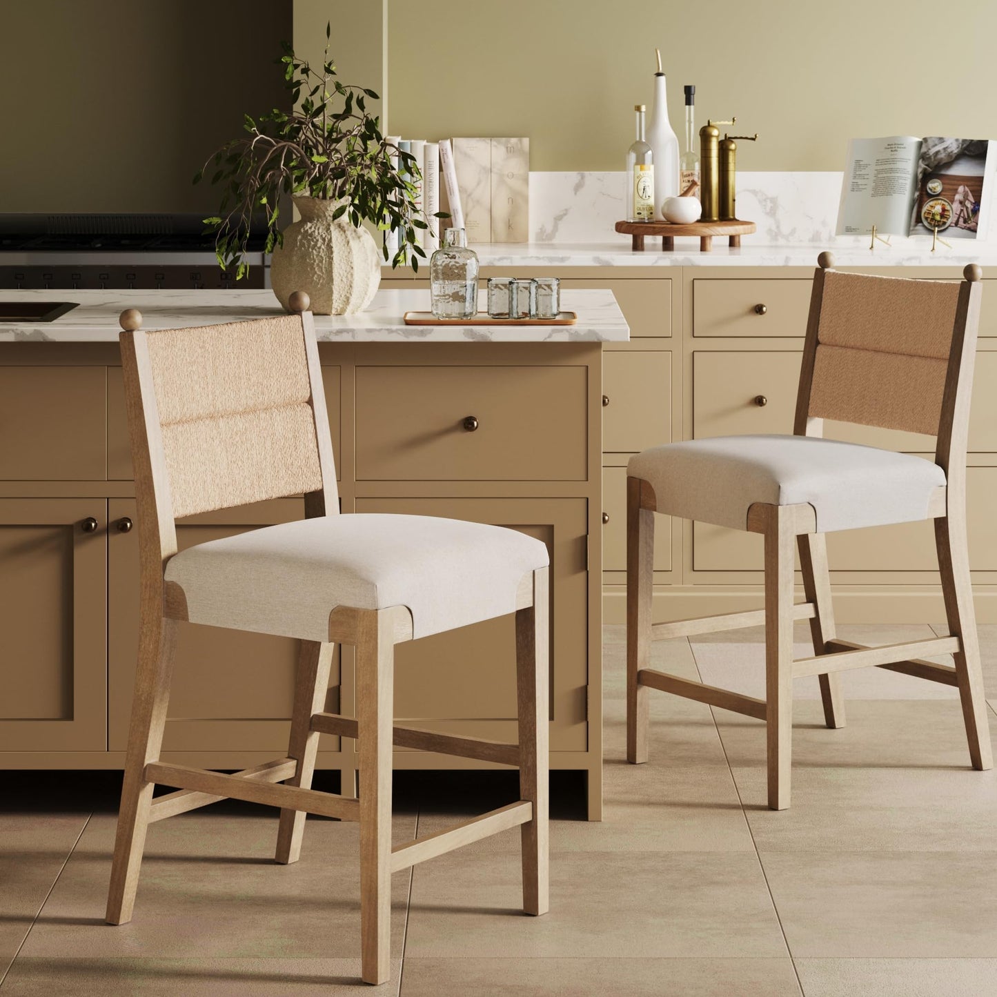 Nathan James Rikki Seagrass Bar Stool with Back, 2-Pack Boucle Counter Stool with Upholstered Seat, Solid Wood Frame, and Woven Seagrass Backrest