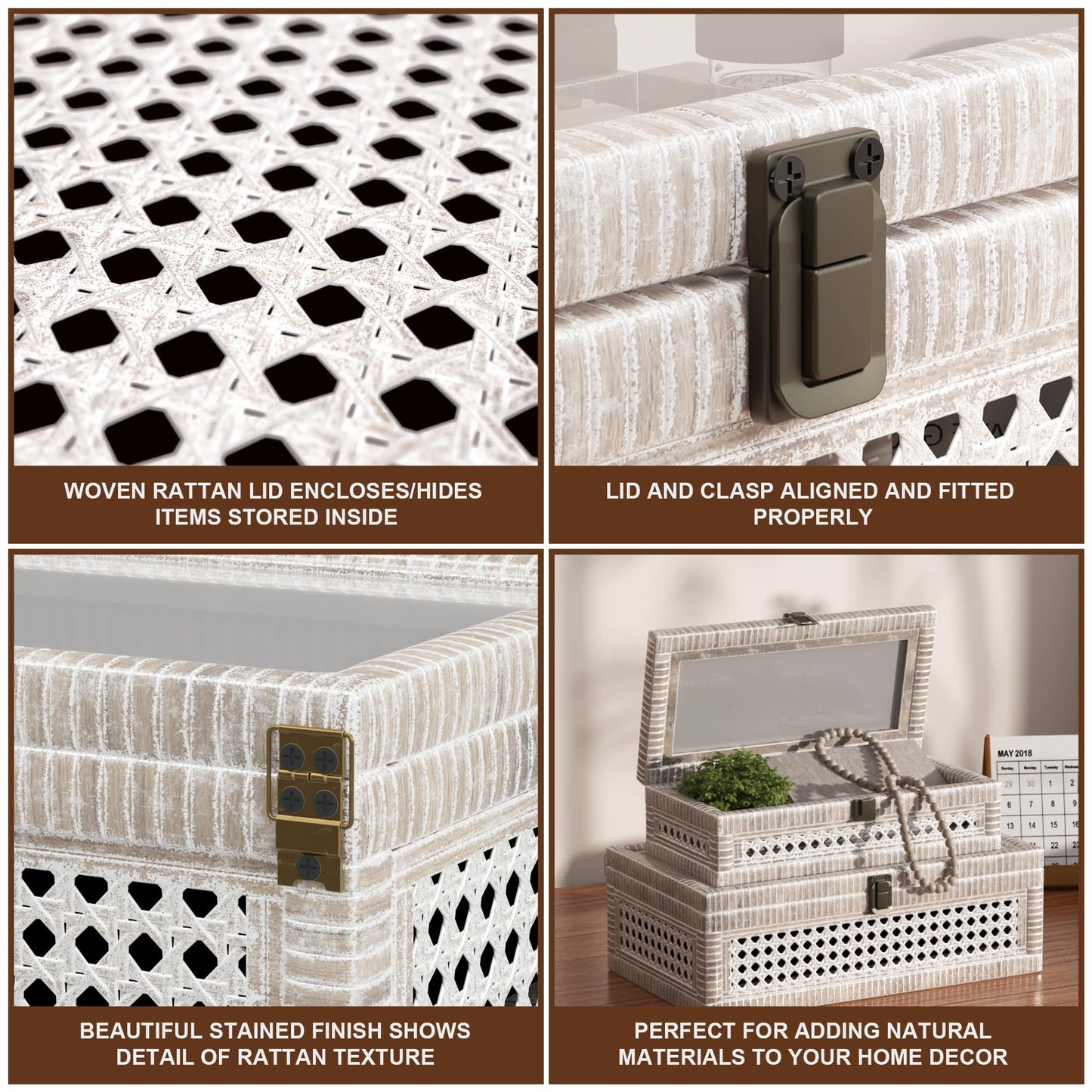 Rattan Decorative Box,Boho Display Boxes with Lids,Set of 2 Rectangular Wicker Storage Decoration,Natural Woven Cane Bins for Home Decor for Rustic Farmhouse(Yellow and Black)