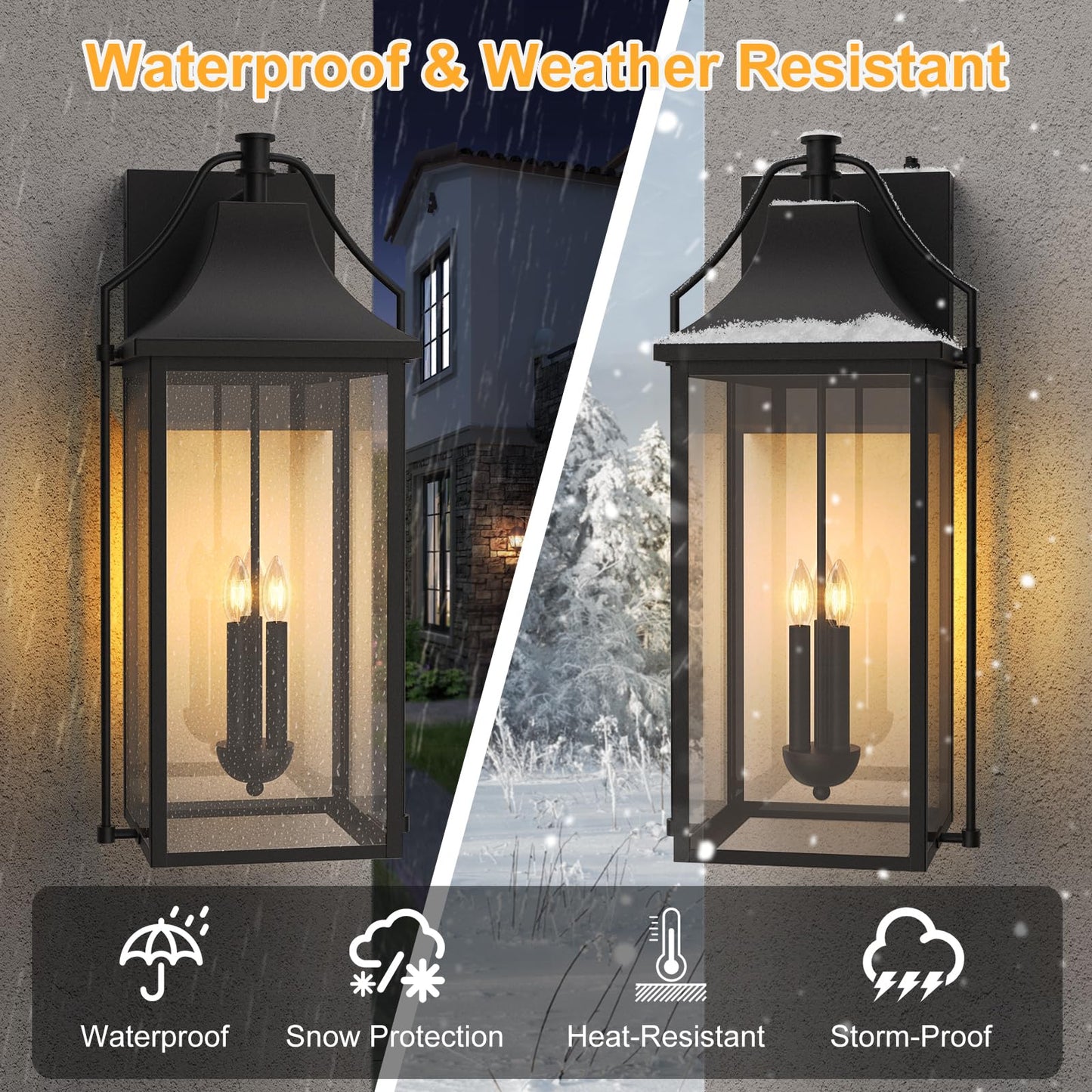 Outdoor Wall Lights Fixtures, Large Size Dusk to Dawn Waterproof Exterior Lanterns, Modern Porch Sconce Wall Mounted with Glass
