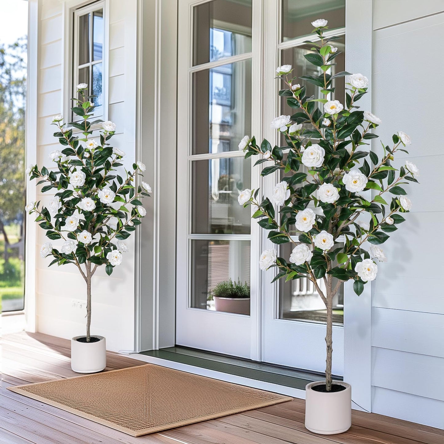 Yepdin 63 inch Artificial Camellia Tree with White Flower Pots - White Fake Tree,5 Ft Faux Plants Indoor wich Blooming,Artificial Plants for Indoor & Outdoor Home Front Door Decor
