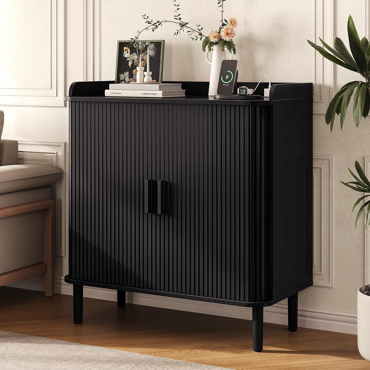 33" H Fluted Bar Cabinet with Storage, Wine Cabinet