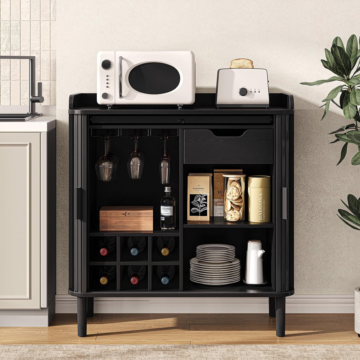 33" H Fluted Bar Cabinet with Storage, Wine Cabinet