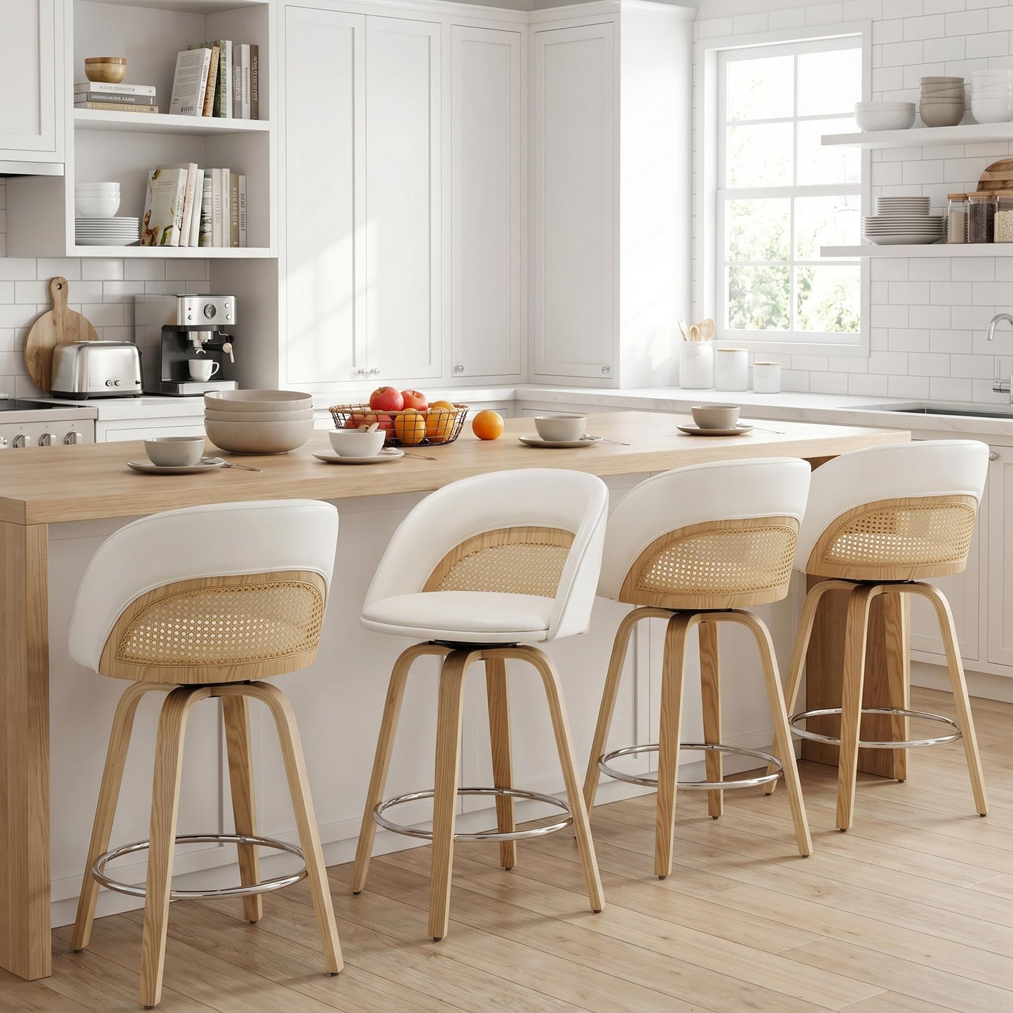 EALSON Bar Stools Set of 4, 26" Swivel Barstools with Rattan Backrest, Modern Faux Leather Upholstered Counter Height Bar Stools with Wood Legs & Bronze Footrest for Kitchen Island/Living Room, Brown