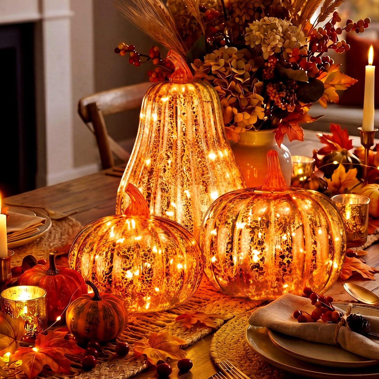 3 Pack Fall Glass Pumpkin with Light