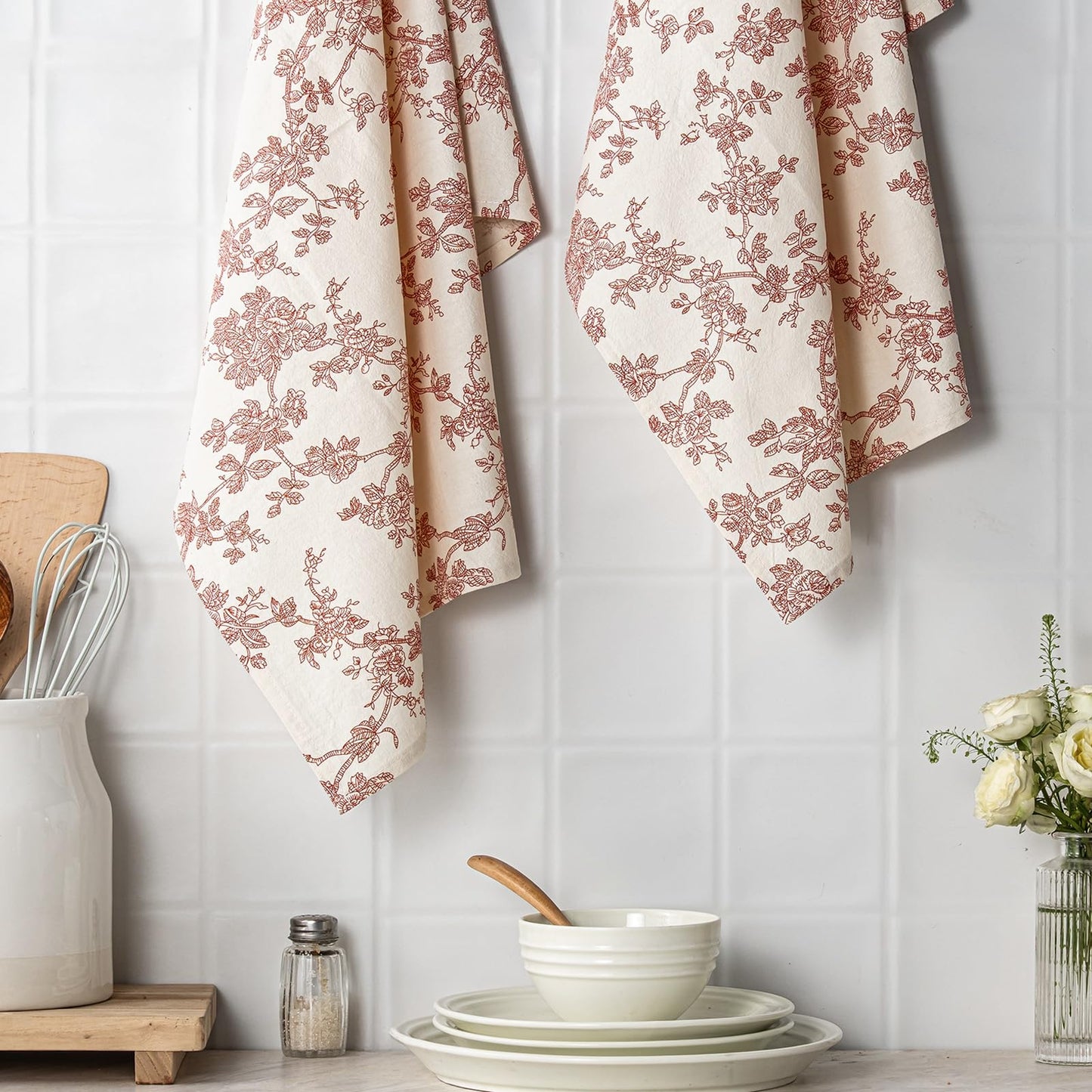 100% Cotton French Pastoral Kitchen Towels Set of 2, Decorative Flour Sack Tea Towels with Hanging Loop 18x25 Inch Absorbent Dish Cloths Farmhouse Home Decor, Brown