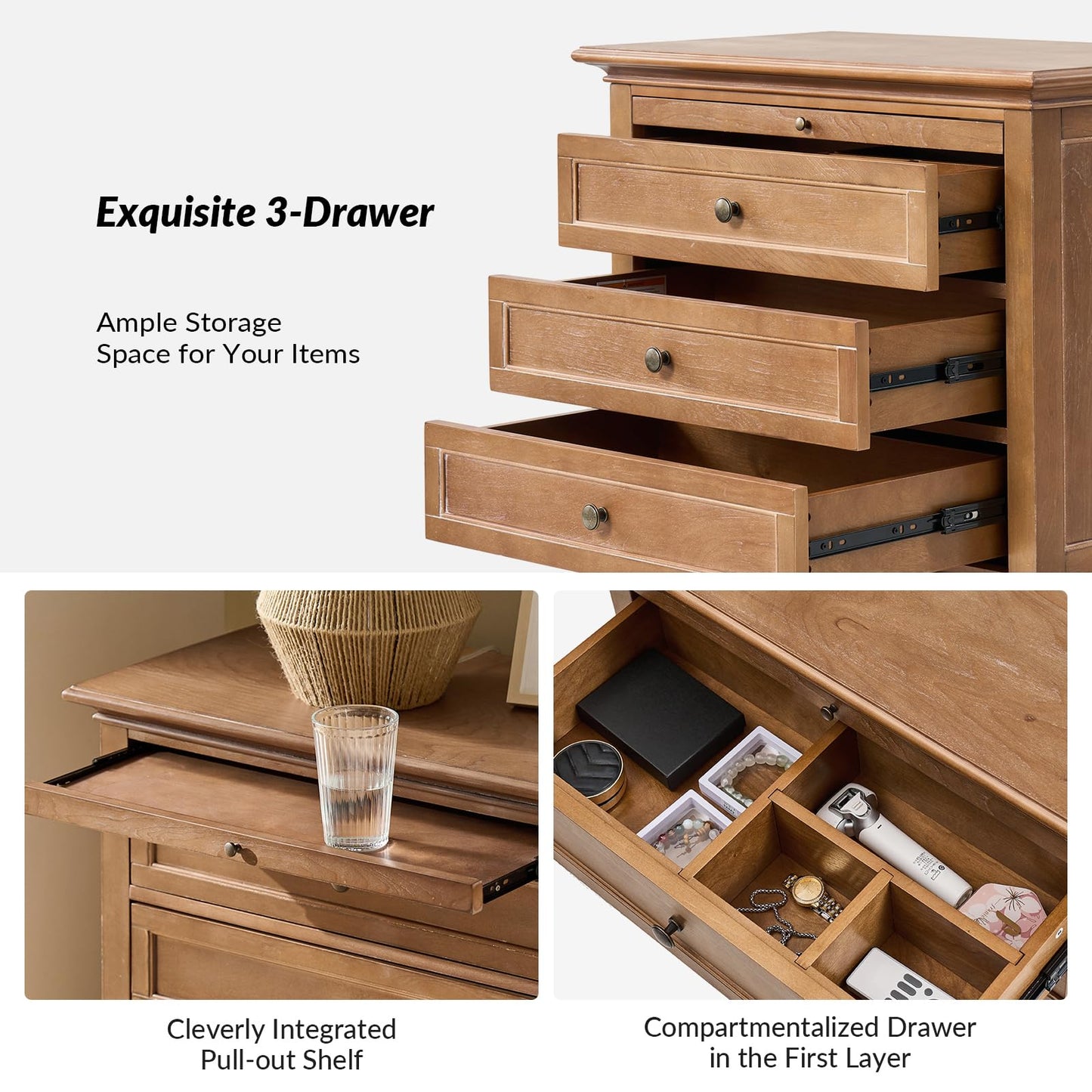 Solid Wood 3 Drawer End Table with Tray